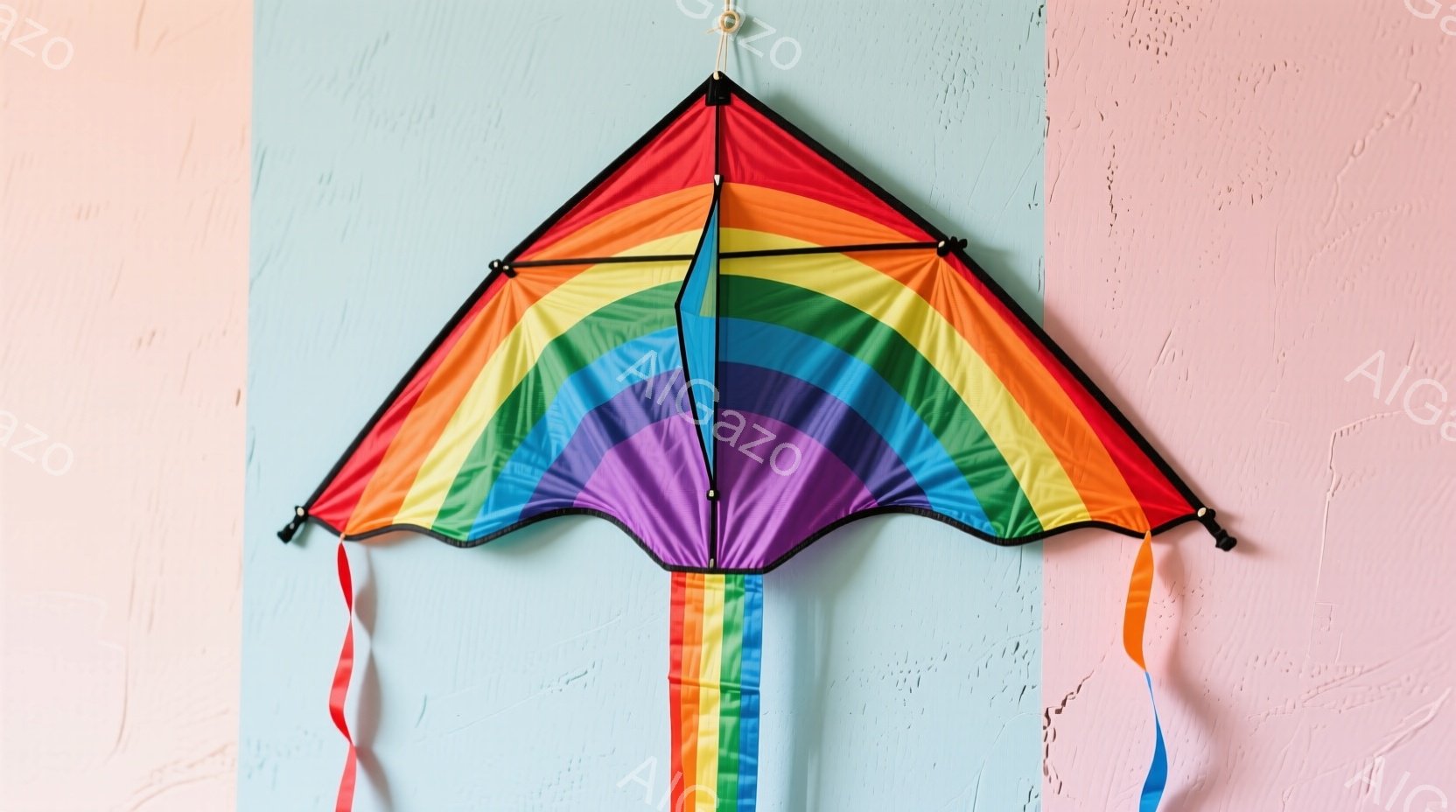 カラフルな凧が、水色の壁を背景に吊り下げられています。凧は虹色で、赤、オレンジ、黄色、緑、青、紫の鮮やかな色が、中心から放射状に広がっています。壁は少しテクスチャがあり、ソフトピンクのエリアが左右に広がっています。