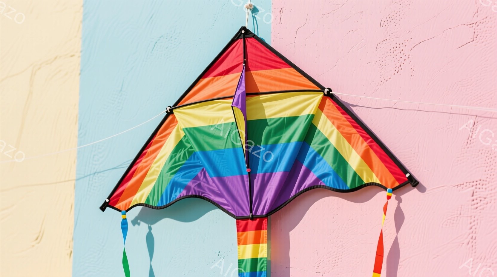 カラフルな凧がピンク色の壁を背景に空中に浮かんでいます。凧は虹色で、赤、オレンジ、黄色、緑、青、紫の色が鮮やかに並んでいます。壁はテクスチャがあり、屋外で晴れた日を思わせる、明るく楽しい雰囲気です。 - AI生成フリー素材