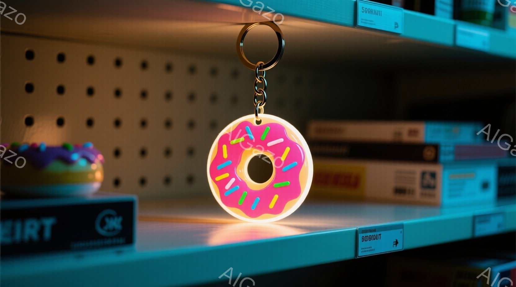 ドーナツのキーホルダーが棚に吊るされています。ピンク色のアイシングとカラフルなスプリンクルが特徴で、明るく可愛らしい印象を与えます。背景には様々な商品が並んだ棚があり、全体的にポップでカラフルな雰囲気 - AI生成フリー素材