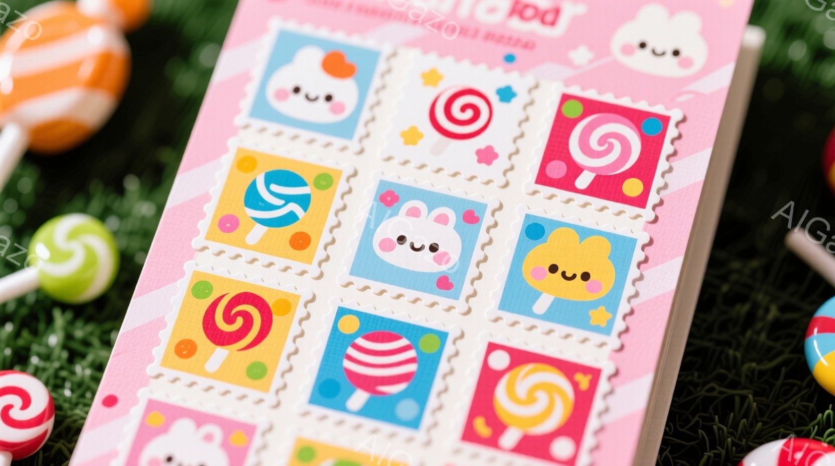 ピンク色の背景に、カラフルなキャンディーや雲のイラストが描かれた正方形のステッカーシートが写っています。それぞれのイラストは丸みを帯びた四角形で、パステルカラーで可愛らしく表現されています。背景には緑 - AI生成フリー素材