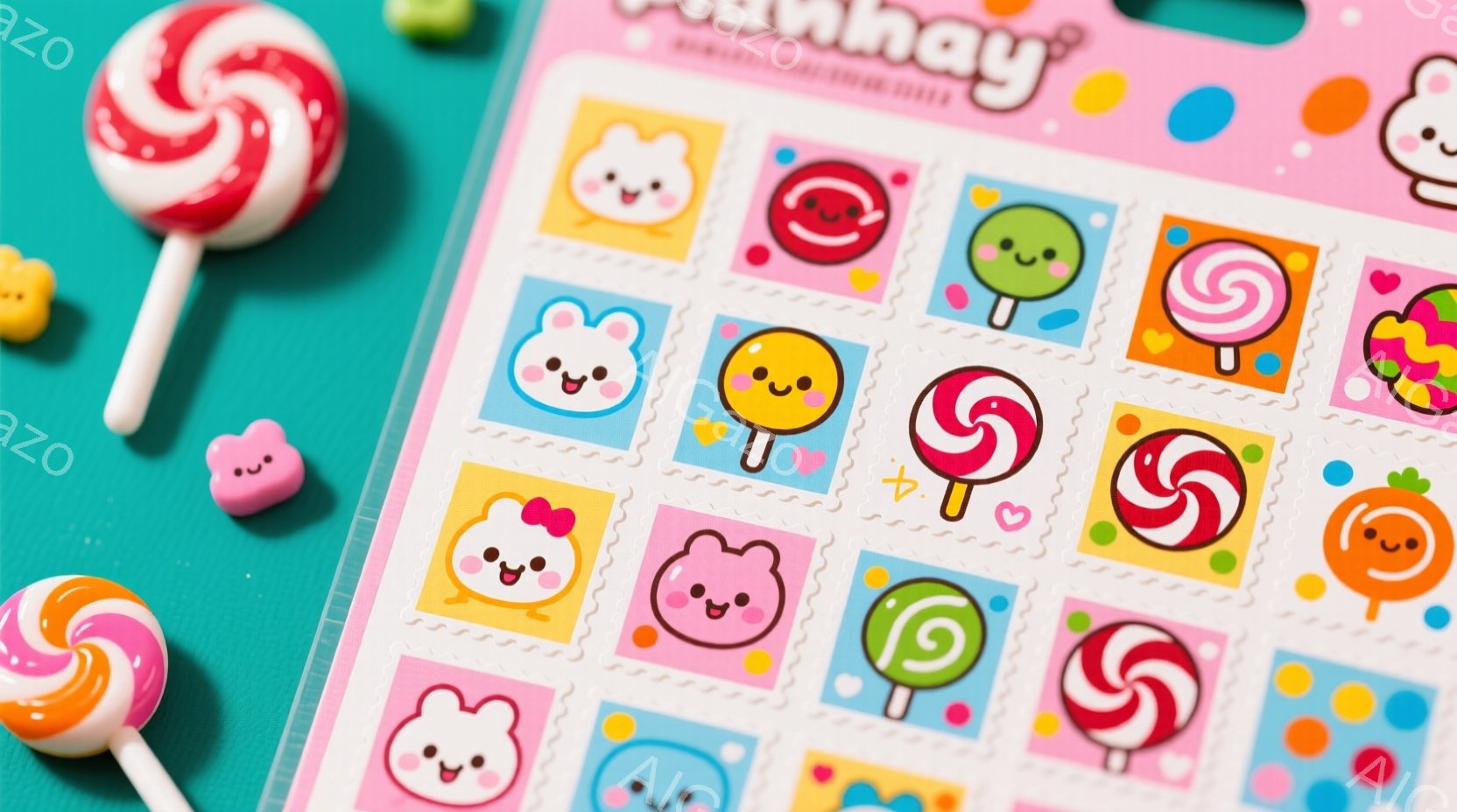 パステルカラーの背景に、様々なキャンディーのイラストが描かれたシールが並んでいます。各シールには、笑顔のキャンディーや、リボンや葉っぱで装飾された可愛らしいデザインが施されており、全体的に明るくポップ - AI生成フリー素材