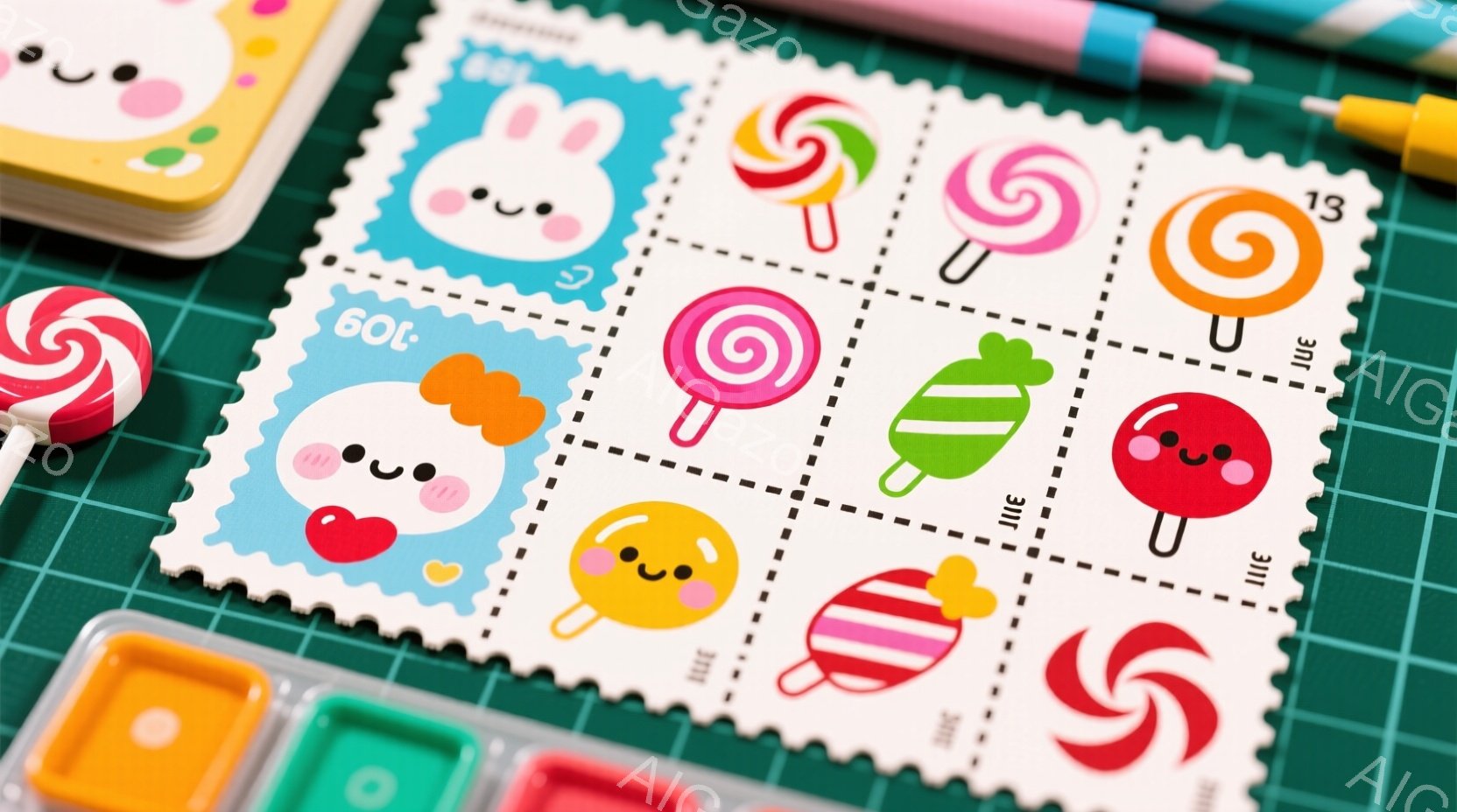 緑色の背景の上に、カラフルなキャンディーやフルーツをモチーフにしたスタンプが並んでいます。各スタンプは、可愛らしい表情とシンプルなデザインで、全体的に明るく楽しい雰囲気を醸し出しています。左上には棒付 - AI生成フリー素材