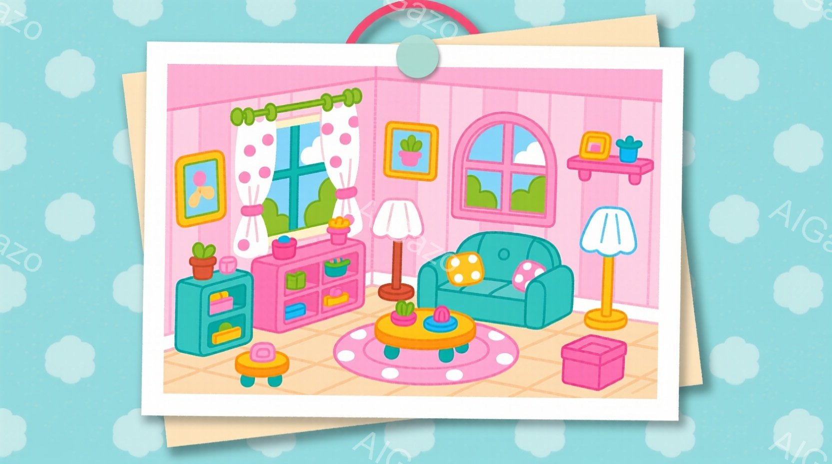 明るいピンク色の壁が特徴的な部屋で、ターコイズブルーのソファとカラフルな家具が配置されています。窓の外には青空が見え、植物が飾られた棚や可愛らしい小物が部屋を彩っています。全体的に暖かく、優しい雰囲気 - AI生成フリー素材