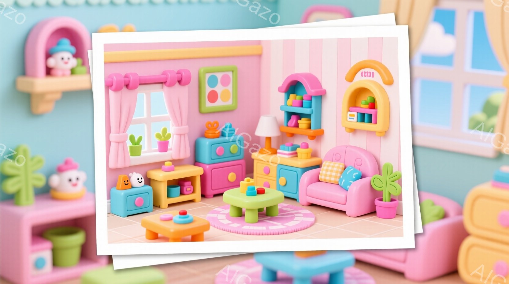 明るいピンクとオレンジ色のカラフルな部屋の内観で、ミニチュアサイズの家具が配置されています。窓際には植物が飾られ、小さなソファとテーブル、キャビネットが可愛らしい雰囲気を醸し出しています。壁にはユニー - AI生成フリー素材