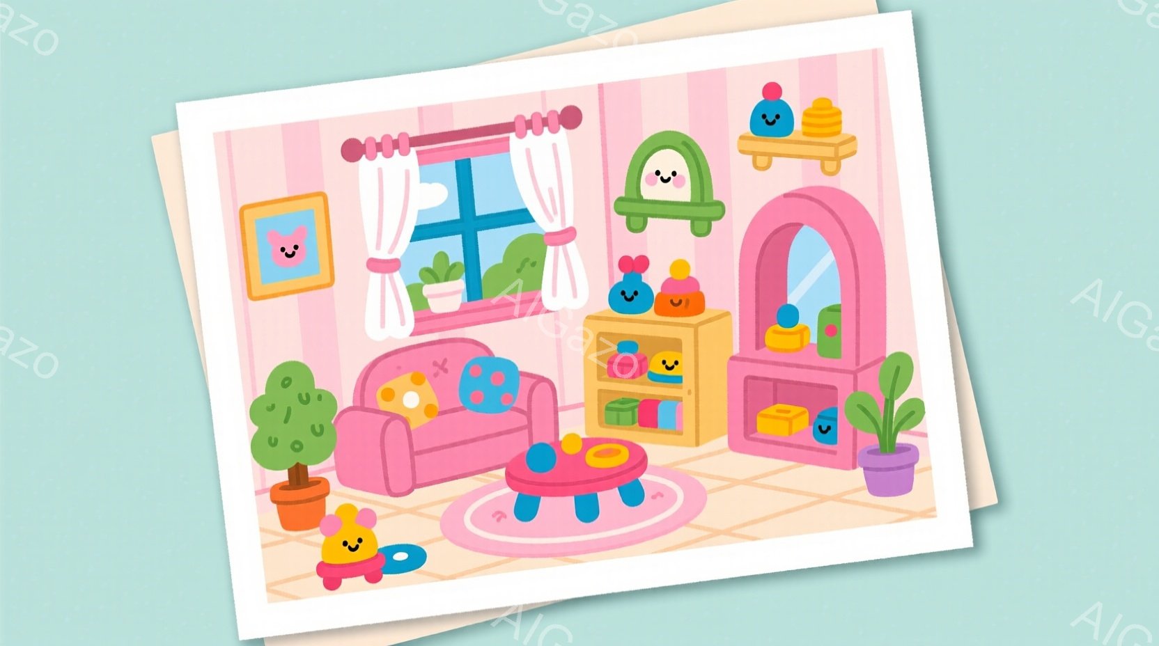 明るいピンク色の壁と床で構成された可愛らしい部屋です。ピンク色のソファ、小さなテーブル、本棚などの家具が配置され、可愛らしい表情をした植物やオブジェクトが飾られています。全体的にパステルカラーで統一さ - AI生成フリー素材