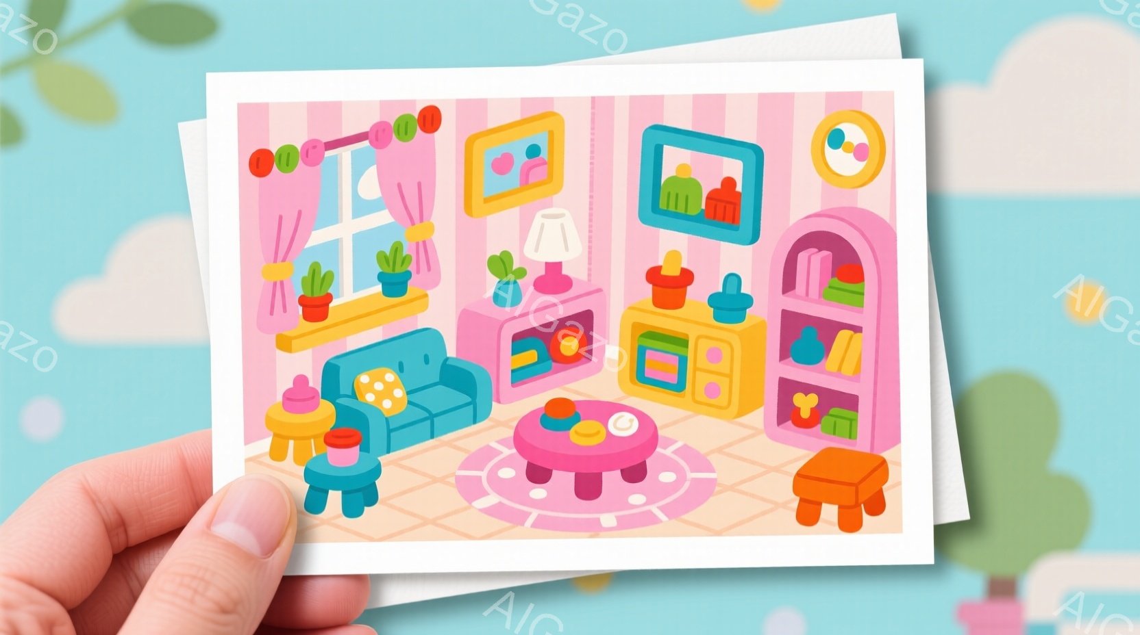 鮮やかなピンクを基調とした室内が描かれています。 ソファ、テーブル、キャビネット、テレビなど、家具が配置され、室内には観葉植物が点在しています。 全体的に明るく、ポップで、子供らしい雰囲気です。 - AI生成フリー素材