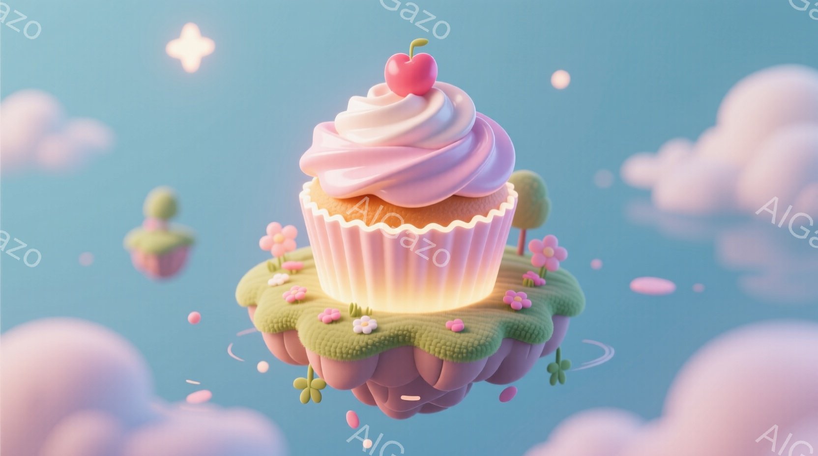 空中に浮かぶ、可愛らしいカップケーキが印象的な画像です。カップケーキはクリームで覆われ、鮮やかなピンク色で、まるで小さな島のように緑の地面に花が咲き乱れています。背景はパステルカラーの雲が浮かび、幻想 - AI生成フリー素材