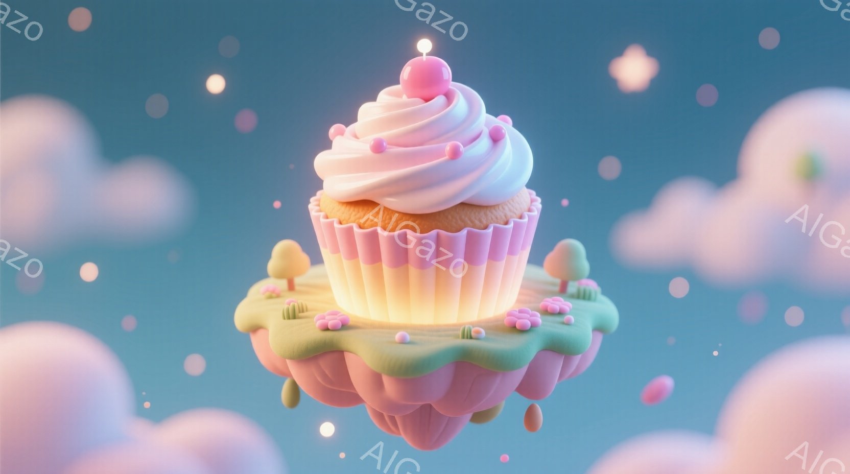 鮮やかなピンクと黄色のカップケーキが、緑の台座の上に浮かんでいます。背景には、パステルカラーの雲が浮かび、可愛らしい雰囲気を醸し出しています。全体的に夢のような、ファンタジックな世界観を感じさせます。 - AI生成フリー素材