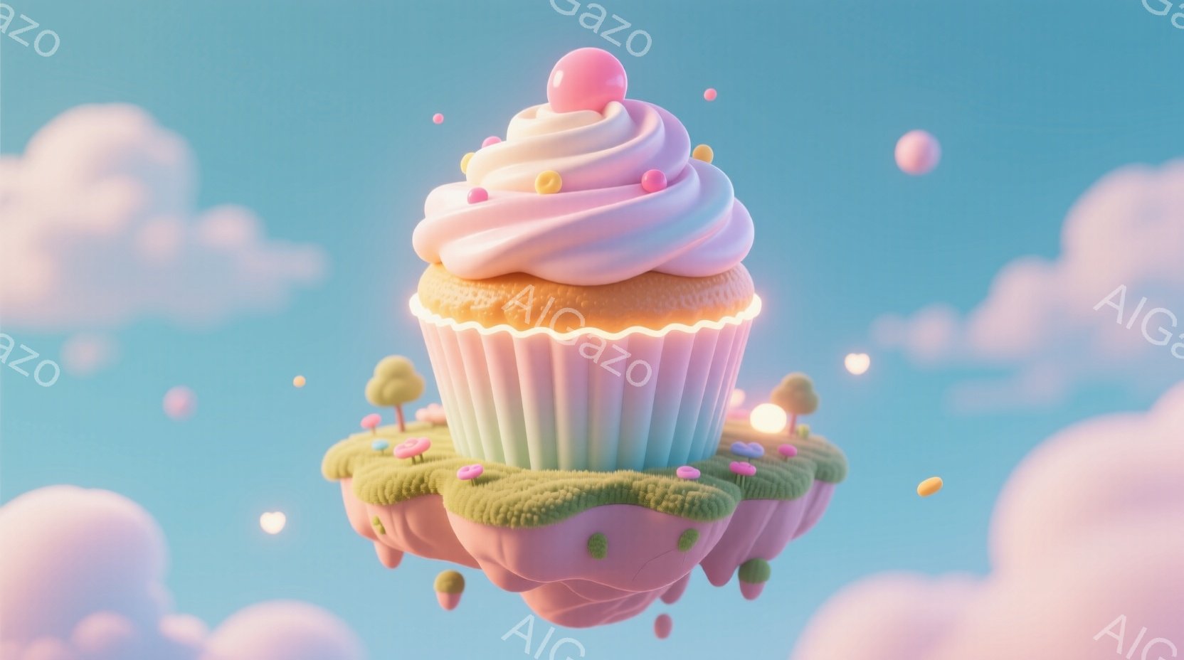 鮮やかなピンク色の背景に、巨大なカップケーキが浮かんでいます。カップケーキの下には緑の草原があり、小さな木々や花々が点在し、まるでファンタジー世界の島のような光景です。全体的に柔らかい色彩と可愛らしい - AI生成フリー素材