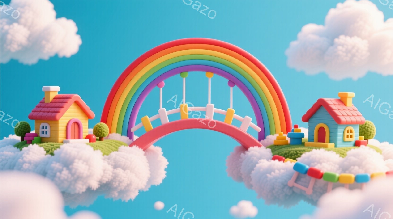鮮やかな青空を背景に、虹色のアーチ橋が浮かぶ幻想的な風景です。橋の両端には、緑の芝生の上に可愛らしい家が建てられており、雲の上に浮かんでいます。全体的にパステルカラーで、暖かく、夢のような雰囲気を醸し - AI生成フリー素材