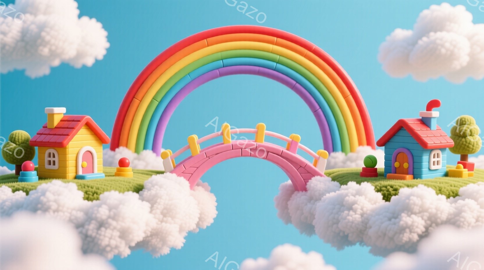 鮮やかな虹が、ふわふわとした雲の上に架かる橋を背景に描かれています。橋の両側には、可愛らしいオレンジ色の屋根を持つ小さな家が配置されており、緑色の草が生い茂る地面に立っています。全体的に、夢のような、 - AI生成フリー素材