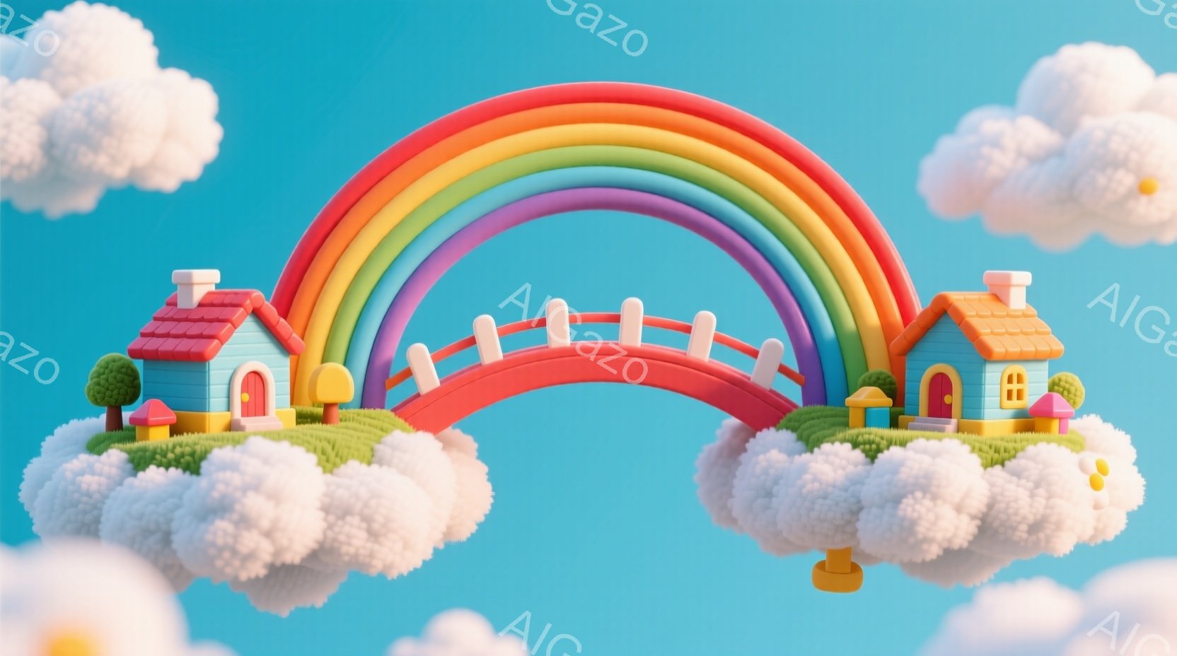 明るい青色の背景に、虹色のアーチが雲の上に架かっています。アーチの両端には、緑の芝生が生えた雲の上に、可愛らしいピンクと青色の家が建っており、暖かく幻想的な雰囲気を醸し出しています。全体的にパステルカ - AI生成フリー素材