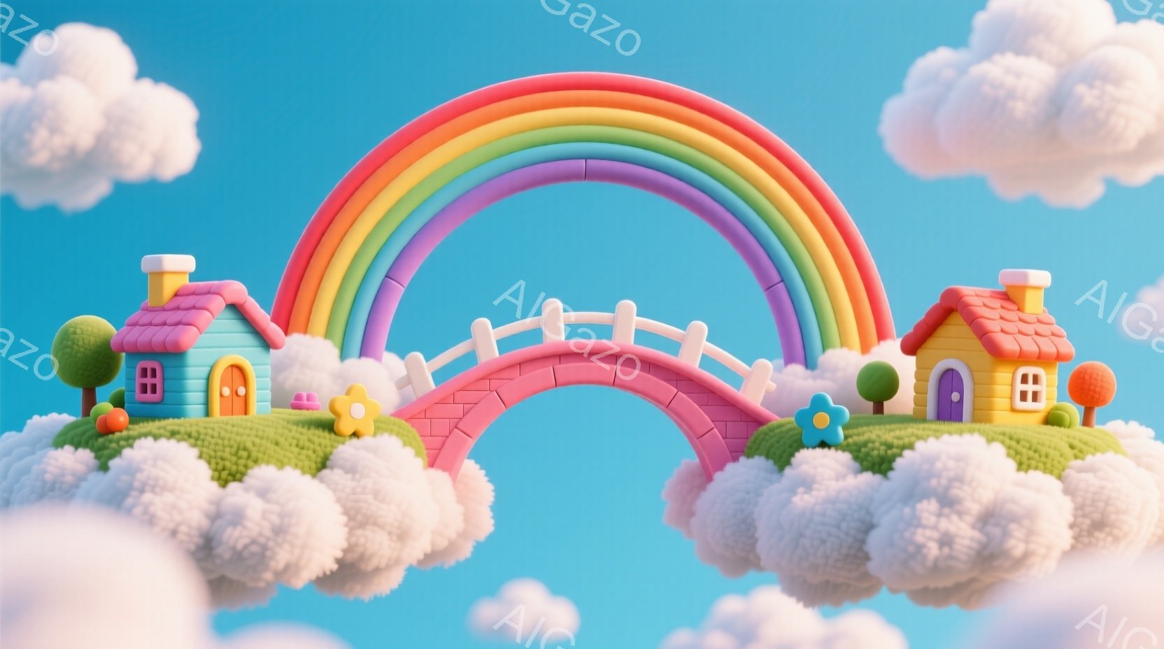 鮮やかな虹が、ふわふわとした雲の上に架かる可愛らしい風景です。虹の下には、ピンクと黄色の屋根の家が雲の上に建てられており、それぞれに花が咲いています。空は明るい水色で、全体的に夢のような、ほのぼのとし - AI生成フリー素材