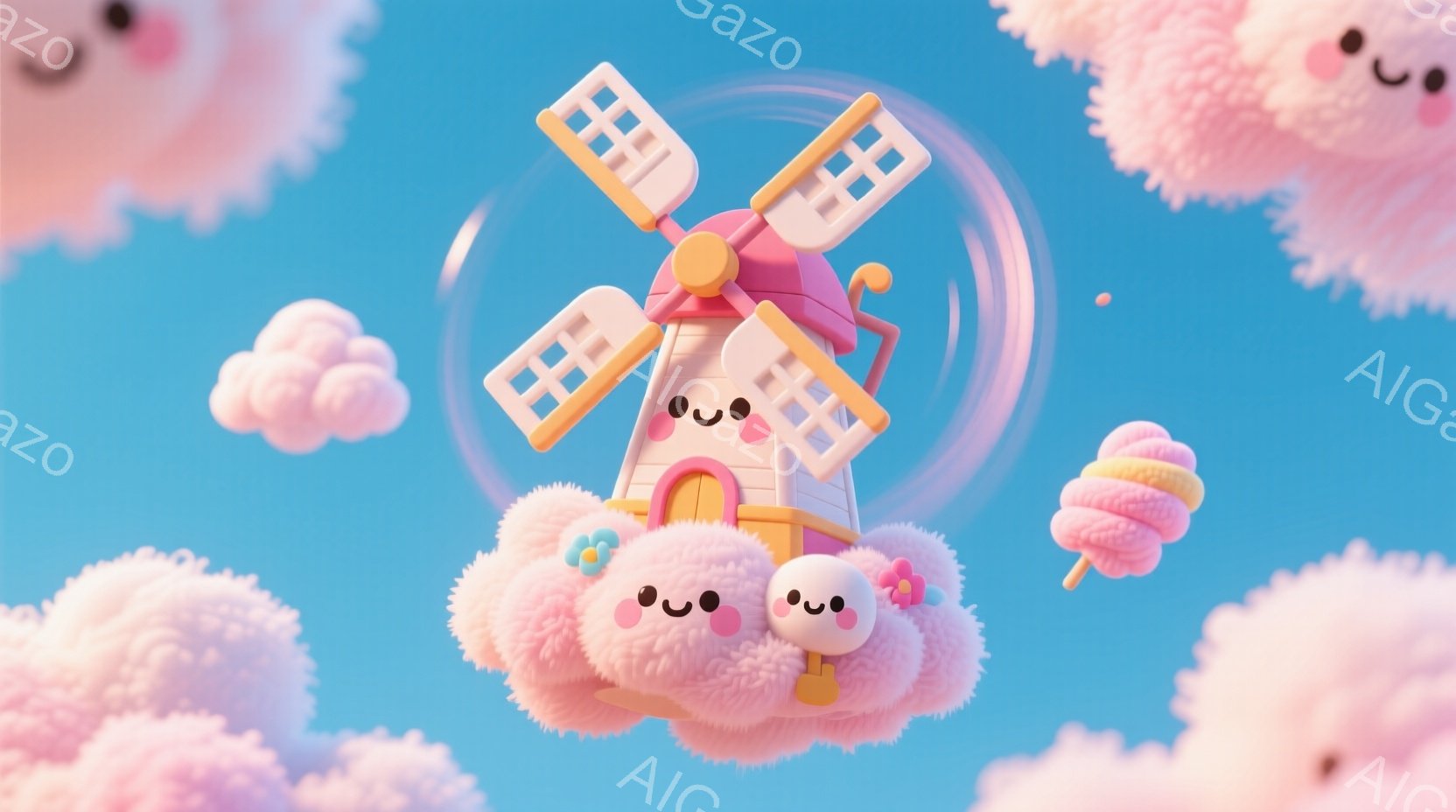 ふわふわとしたピンク色の雲が多数浮かび、その中に可愛らしい風車が描かれています。風車は白とピンクで構成され、回転しており、まるでキャンディのような装飾も付いています。全体的にパステルカラーで統一されており、夢のような、温かく優しい雰囲気が漂っています。