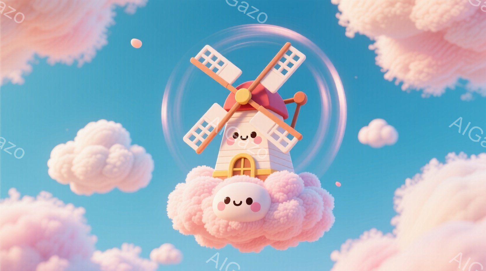 ふわふわとした雲の上に可愛らしい風車が立っています。風車はピンクとオレンジ色で、表情があり、嬉しそうに微笑んでいます。背景は明るい青空で、他の雲も浮かび、全体的に穏やかで夢のような雰囲気です。