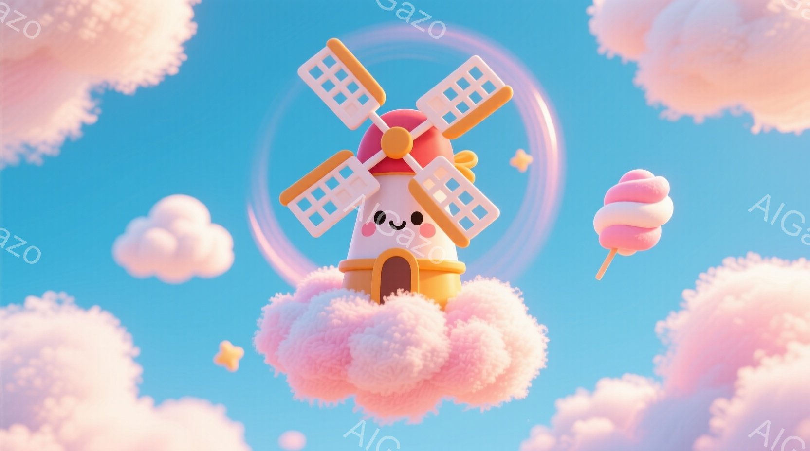 空に浮かぶ可愛らしい風車が印象的な画像です。風車は黄色と茶色の配色で、まるでスイーツのような外観で、小さな顔と愛らしい笑顔が特徴です。背景にはふわふわとしたピンク色の雲が広がり、黄色い星が散りばめられており、夢のような甘い雰囲気を醸し出しています。