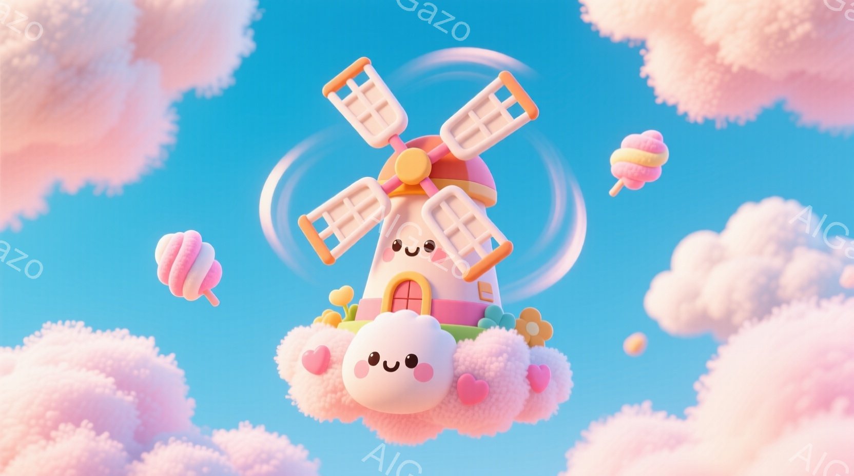ふわふわとしたピンク色の雲が空に浮かび、その中に可愛らしい風車が描かれています。風車は笑顔で、周りにはキャンディのようなオブジェクトが漂い、全体的に甘くて夢のような雰囲気を醸し出しています。明るい青空とパステルカラーが組み合わさり、優しく、楽しい印象を与えます。