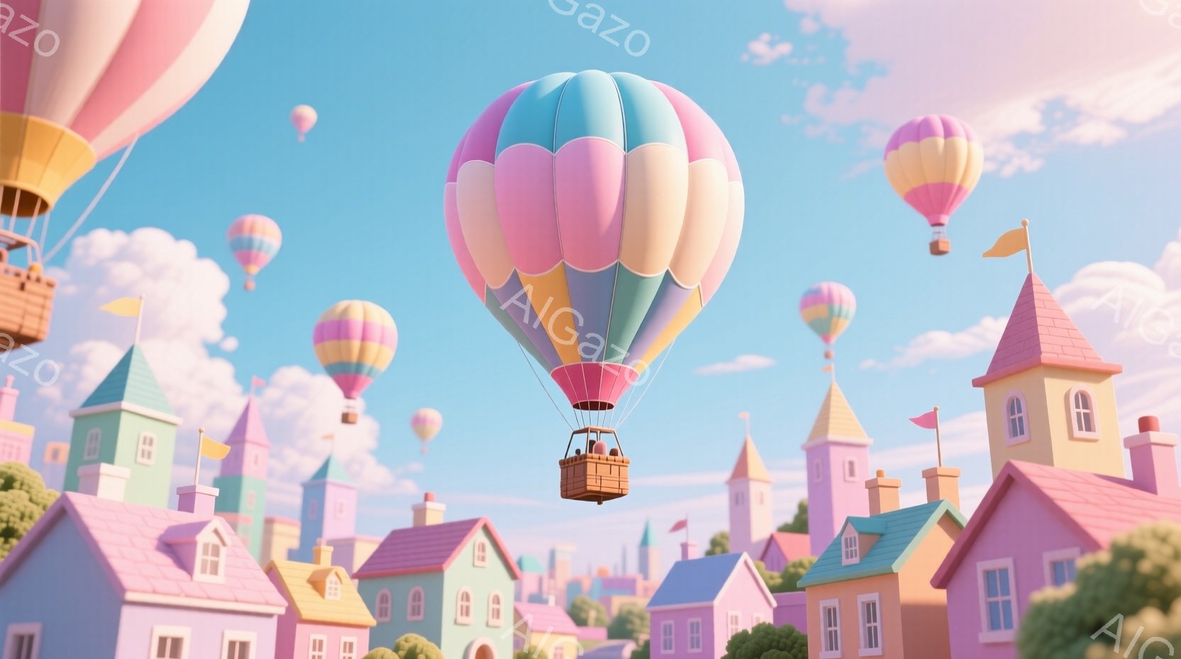 カラフルな熱気球が、おとぎ話のようなパステルカラーの街の上空を漂っている。熱気球の中には、帽子をかぶった2人の人物がおり、楽しそうに景色を眺めているようだ。背景には、尖塔を持つ可愛らしい建物が密集して - AI生成フリー素材