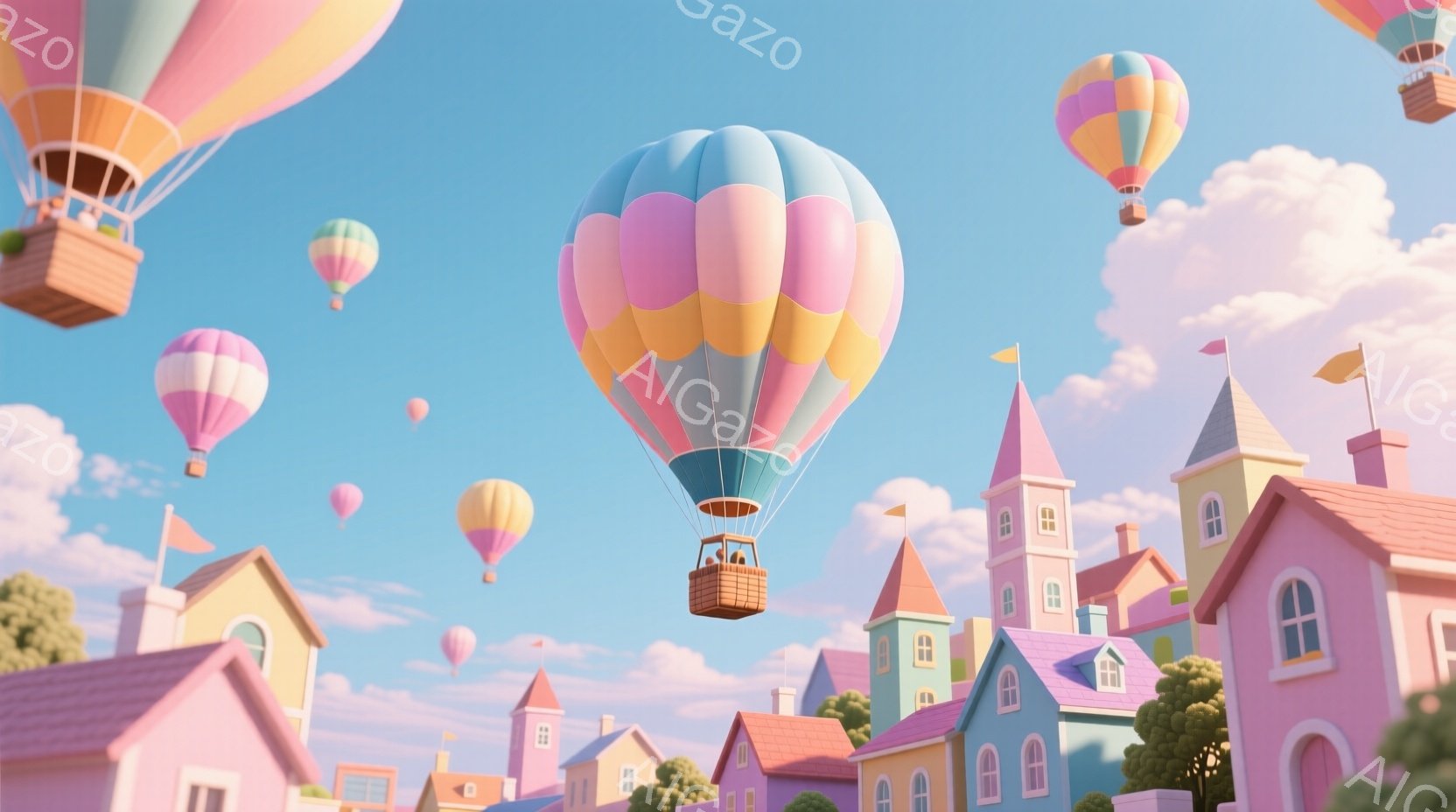 空には、パステルカラーの風船が多数浮かんでおり、まるで夢のような光景です。下の街並みは、ピンクや水色、緑色の可愛らしい建物で構成され、おとぎ話の世界を彷彿とさせます。全体的に暖かく、明るい雰囲気で、心が安らぐ穏やかな情景が広がっています。