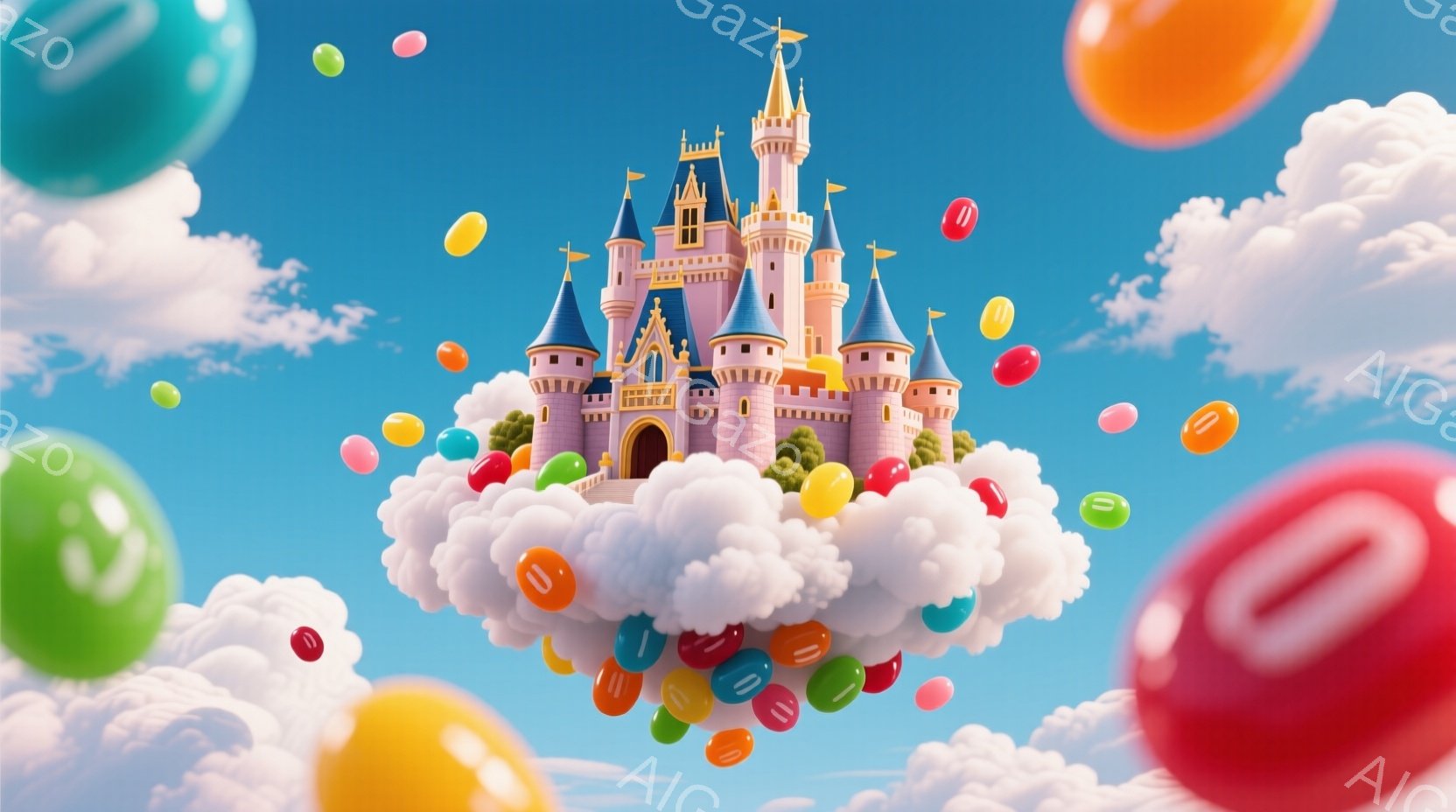 鮮やかな青空を背景に、雲の上に建つピンク色の可愛らしいお城が描かれています。お城の周りには、様々な色のゼリービーンズのようなキャンディが空中に浮かび、夢のような雰囲気を醸し出しています。全体的に明るく - AI生成フリー素材