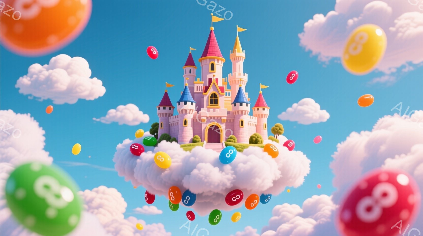 空に浮かぶお城が印象的な画像です。ピンク色の城は雲の上にあり、様々な色のキャンディのような球体で囲まれています。全体的に明るく、夢のような、おとぎ話のような雰囲気が漂っています。 - AI生成フリー素材
