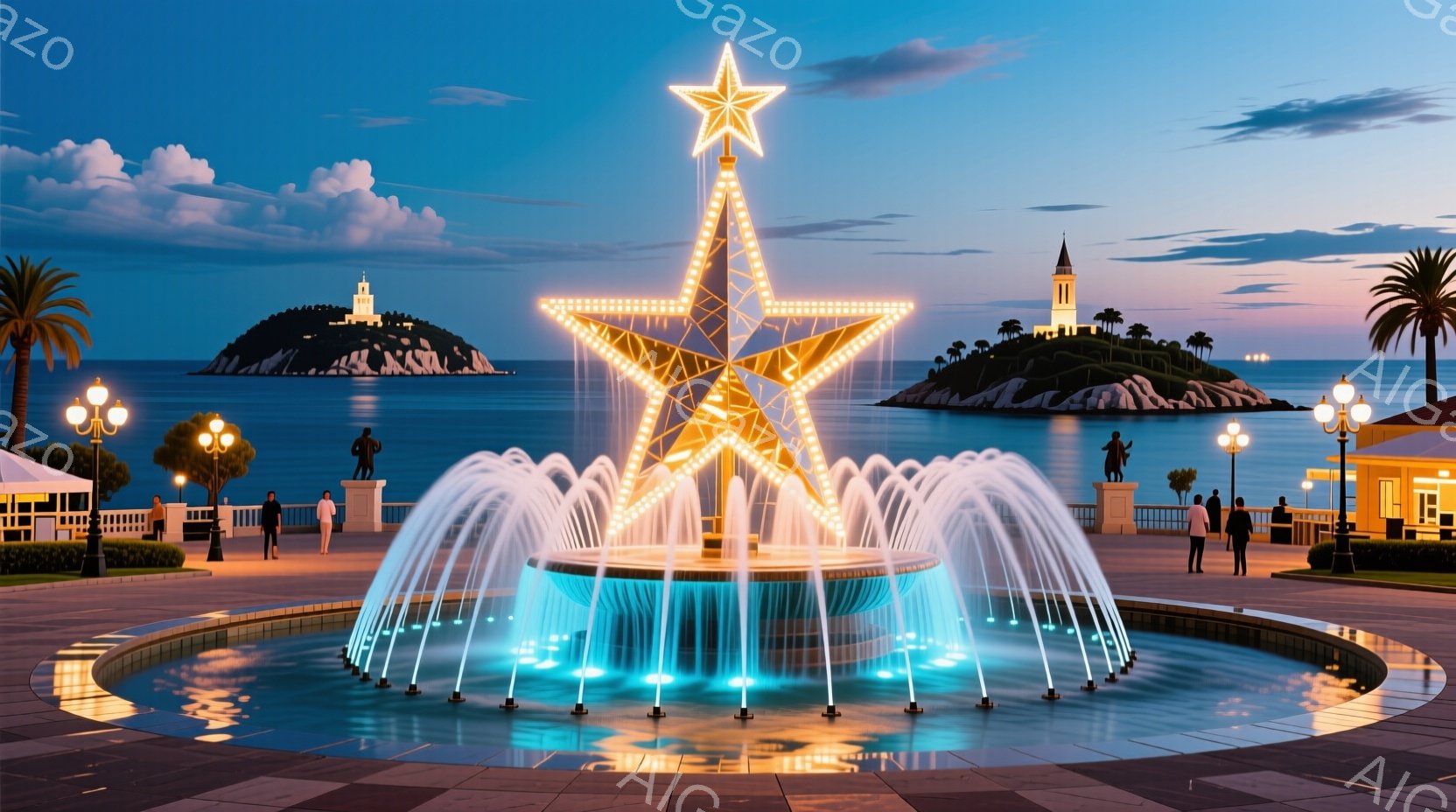 海岸沿いの広場には、光り輝く巨大な星型の噴水が中央にあります。背景には島とそびえ立つ建物が見え、夕暮れ時の空が広がり、穏やかな雰囲気です。数人の人々が広場を散歩しており、リラックスした様子で夜景を楽し - AI生成フリー素材