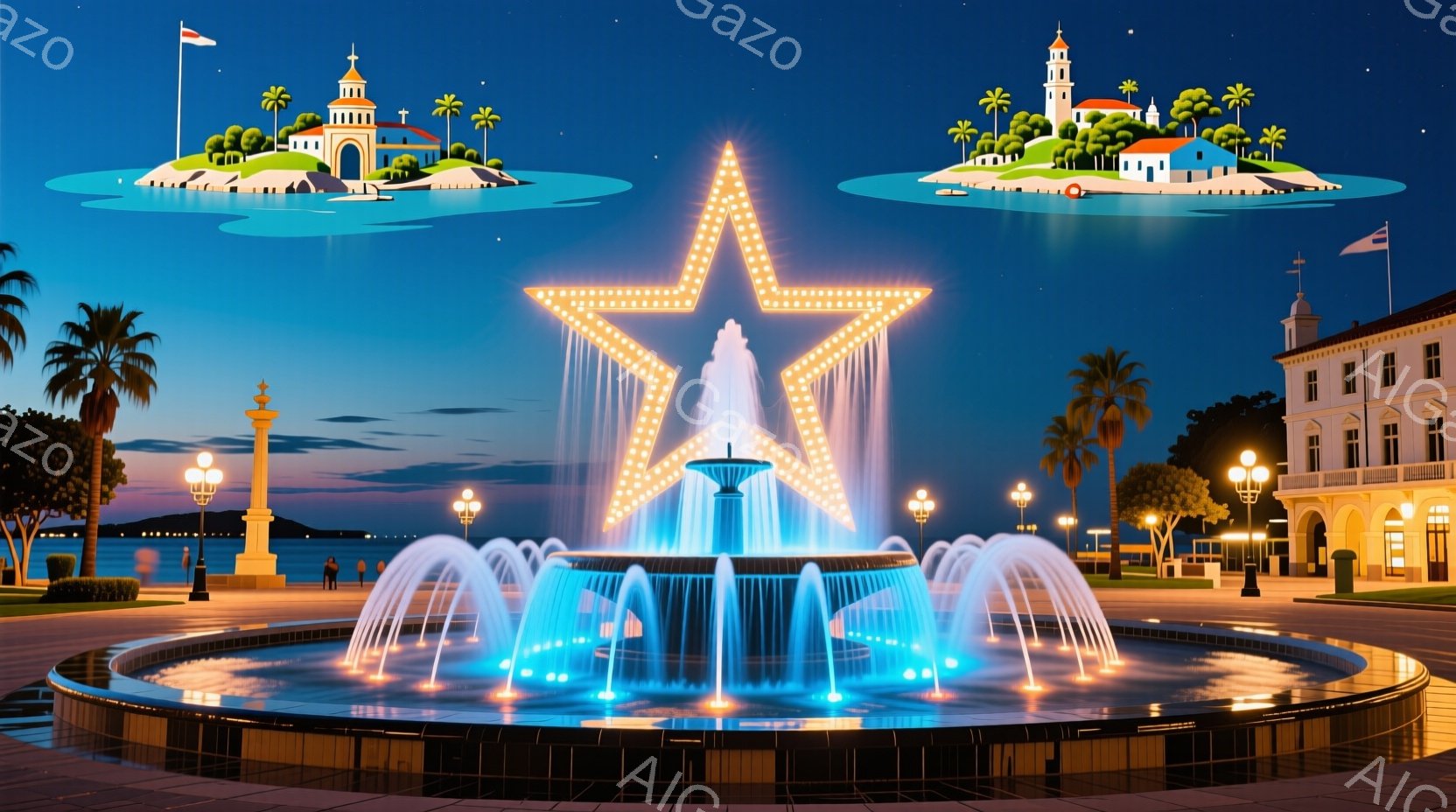 夜の海岸線に沿って円形の噴水が輝いている。噴水は青い光で照らされ、中央には大きな星形のライトアップが特徴的で、背景には小さな島が浮かび、その上には白い建物が見える。全体的に静かで美しい夜の風景であり、 - AI生成フリー素材