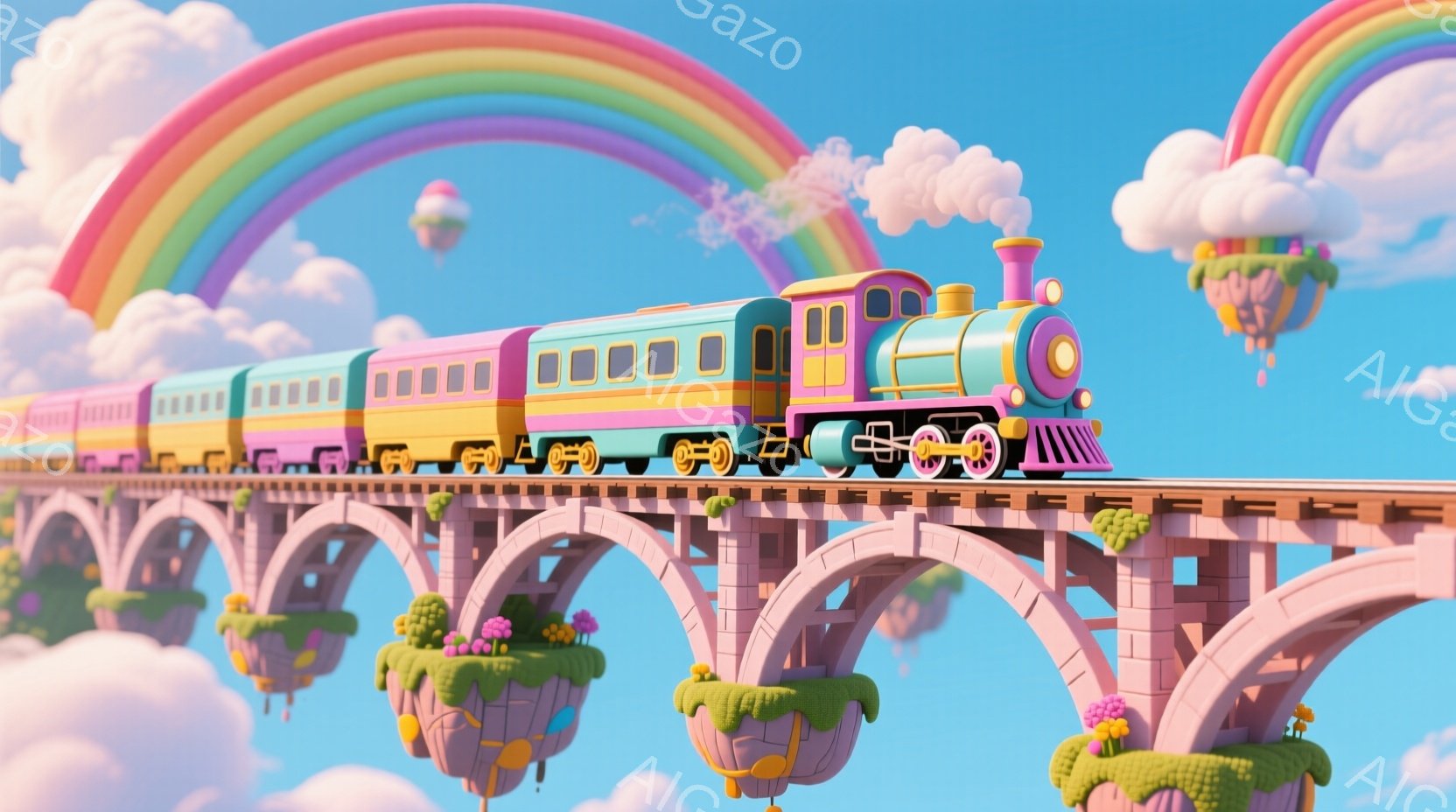 カラフルな列車が、アーチ状の橋の上を走っています。背景には虹がかかり、橋の下には花が咲いた浮遊島が点在しており、まるで夢のようなファンタジー世界が広がっています。全体的にパステルカラーで、可愛らしく、 - AI生成フリー素材