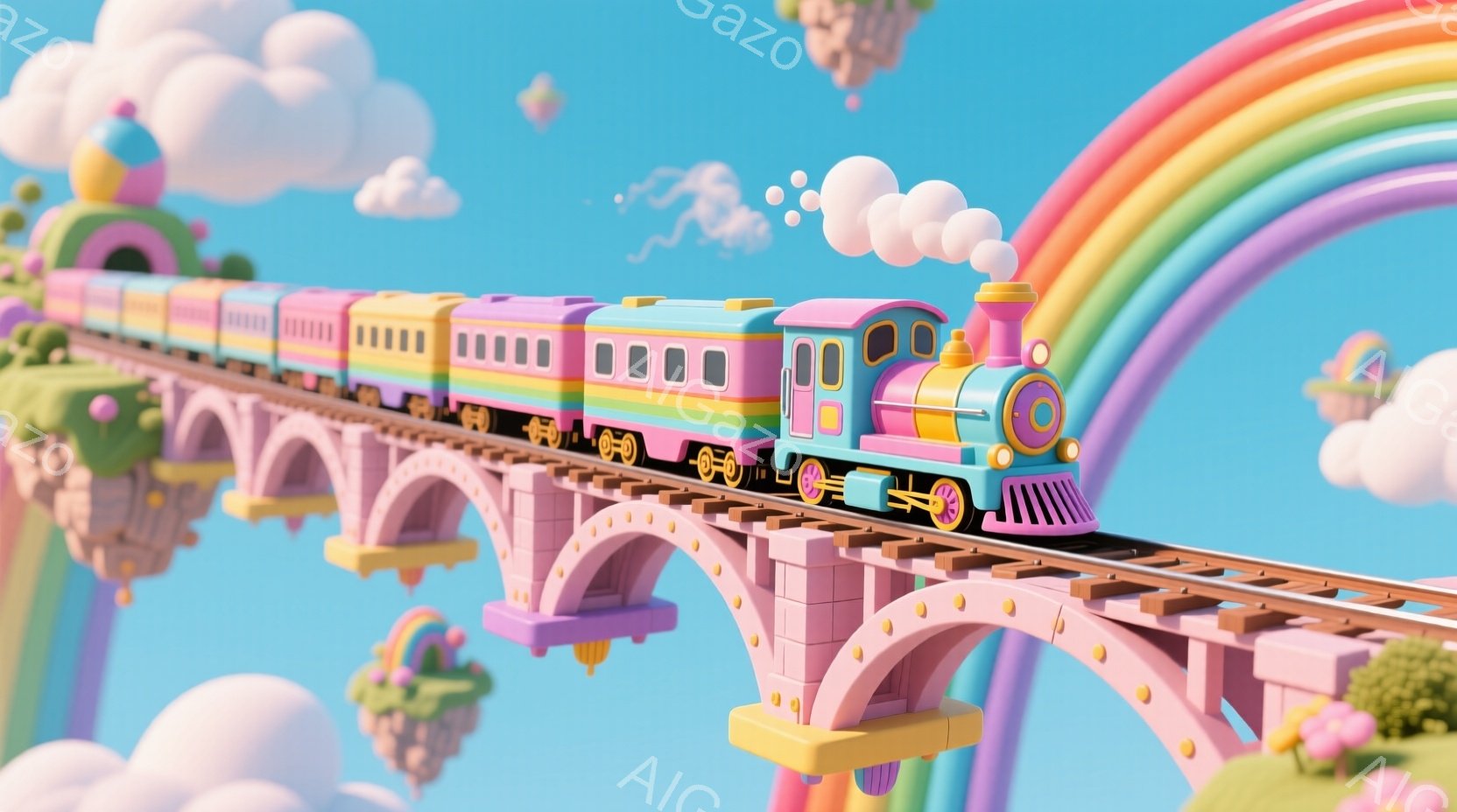 カラフルな線路の上を、ピンクと青色の可愛らしい列車が走っています。背景には虹がかかり、ふわふわとした雲や、花が咲いた浮遊島が点在しており、夢のような世界観を作り出しています。全体的にパステルカラーで統 - AI生成フリー素材
