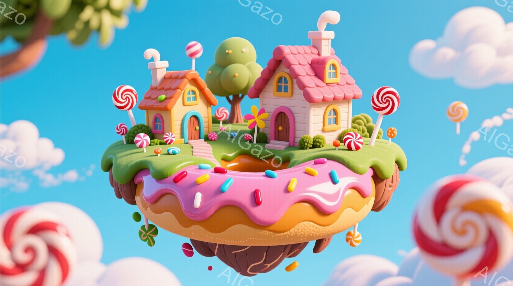 雲の上に浮かぶお菓子の島が描かれています。ピンク色のクリームとカラフルなスプリンクルで覆われた陸地には、可愛らしいピンク色の家が建っており、周りにはキャンディやグミが散りばめられています。全体的に明る - AI生成フリー素材