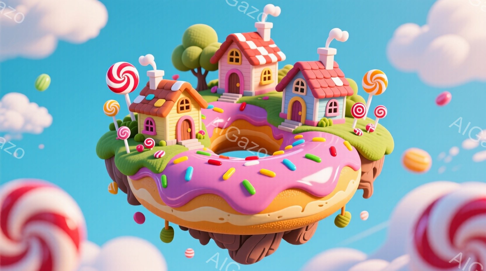 ドーナツ型の浮島が青い空に浮かび、可愛らしい家々が建ち並んでいます。カラフルなスプリンクルとチョコレートソースがドーナツを飾り、キャンディやグミが空中に漂い、まるで夢のような世界観を表現しています。全 - AI生成フリー素材