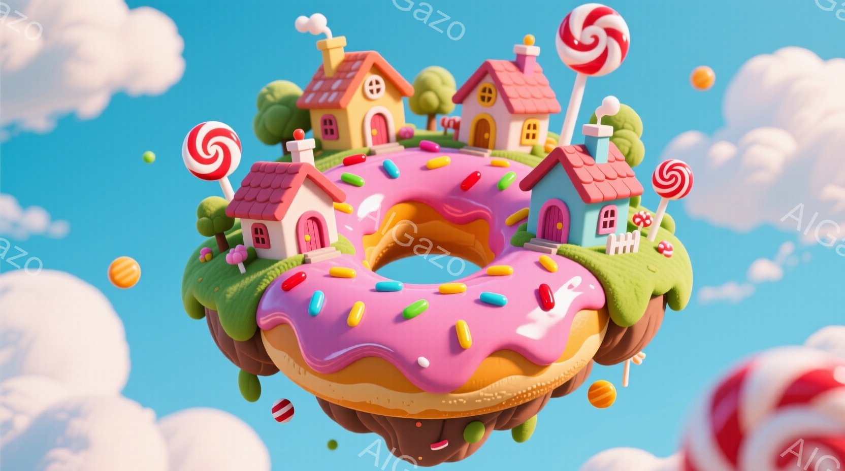 ドーナツ型の島が空中に浮かんでおり、その上には可愛らしい家々や緑豊かな草地が広がっています。ピンク色のアイシングとカラフルなスプリンクルがドーナツを飾り、巨大なキャンディが周囲に浮かび、夢のような雰囲 - AI生成フリー素材