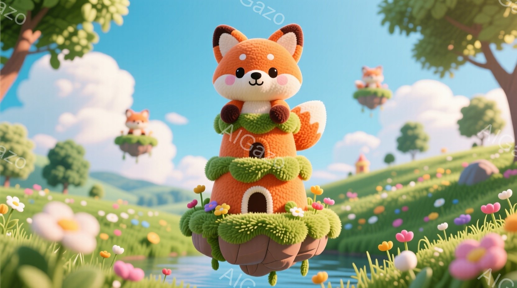 明るい緑の草原に、オレンジ色のキツネが積み重ねられた土と草の島の上に立っています。キツネは丸い顔と愛らしい表情で、丸い耳とふわふわの尻尾が特徴的です。背景には、さらに小さな浮遊島に立つキツネたちが点在 - AI生成フリー素材