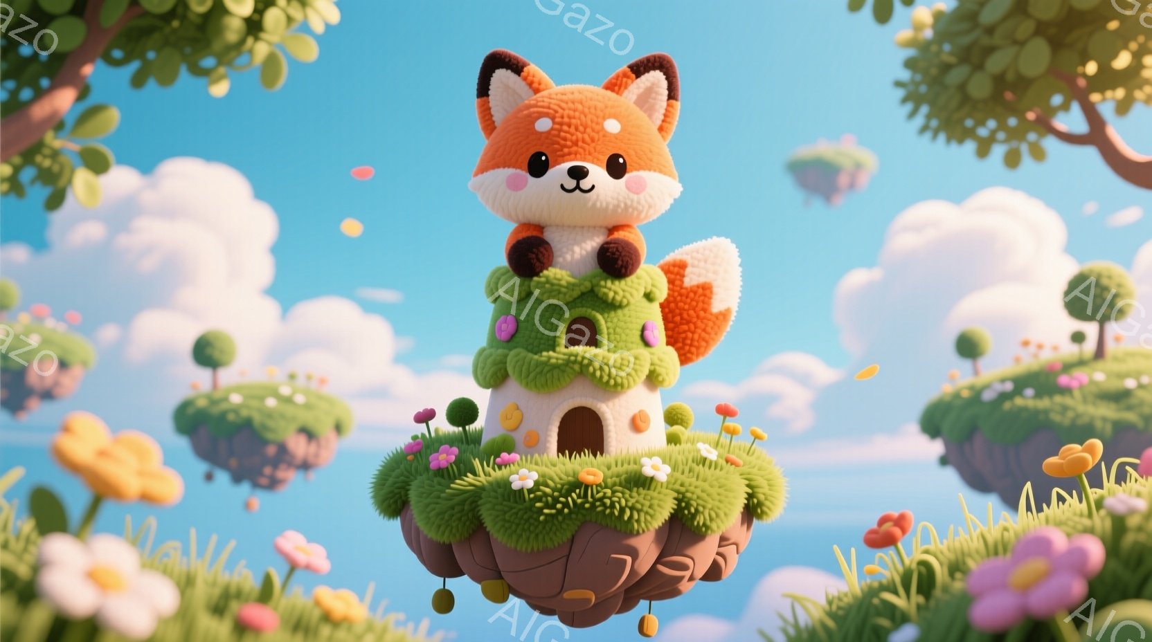 明るい青空の下、浮遊する島の上に愛らしいキツネが立っています。キツネは緑色の葉っぱで飾り付けられた茶色の衣装を着ており、明るい笑顔を見せています。背景には、花や木々が生い茂る他の浮遊島々があり、全体的 - AI生成フリー素材