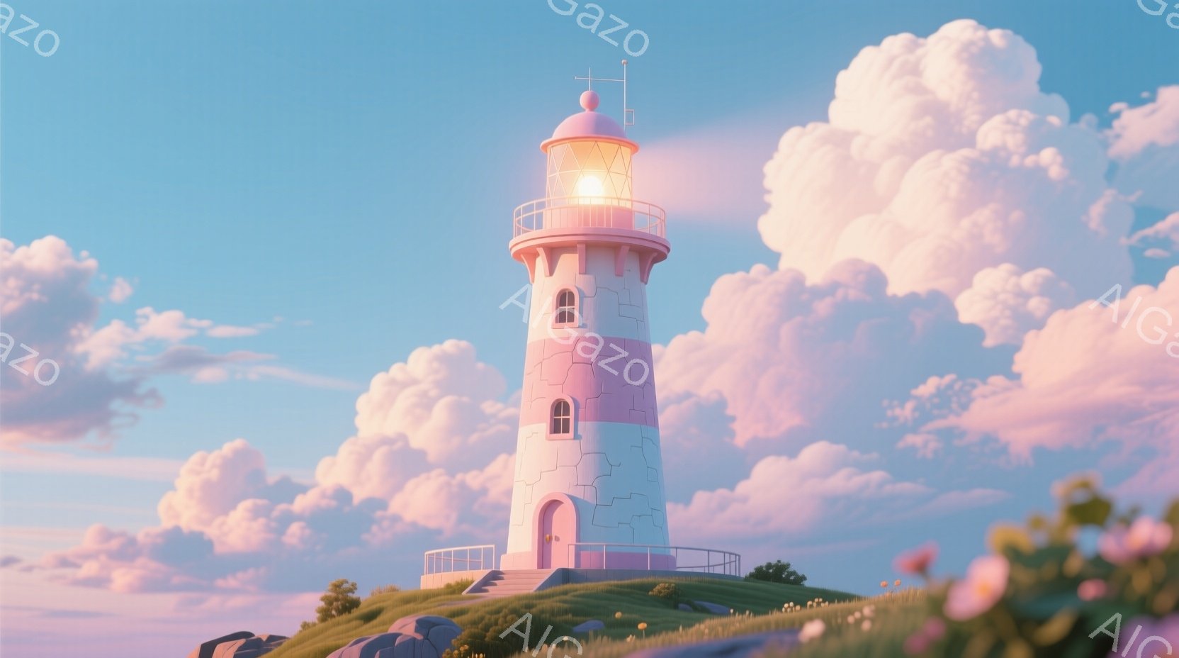ピンクと白のストライプが特徴的な灯台が、緑の丘の上に建っています。空にはふわふわとしたピンク色の雲が広がり、穏やかで夢のような雰囲気を醸し出しています。灯台の周囲には草が生い茂り、遠くには穏やかな海が見える、平和な光景です。
