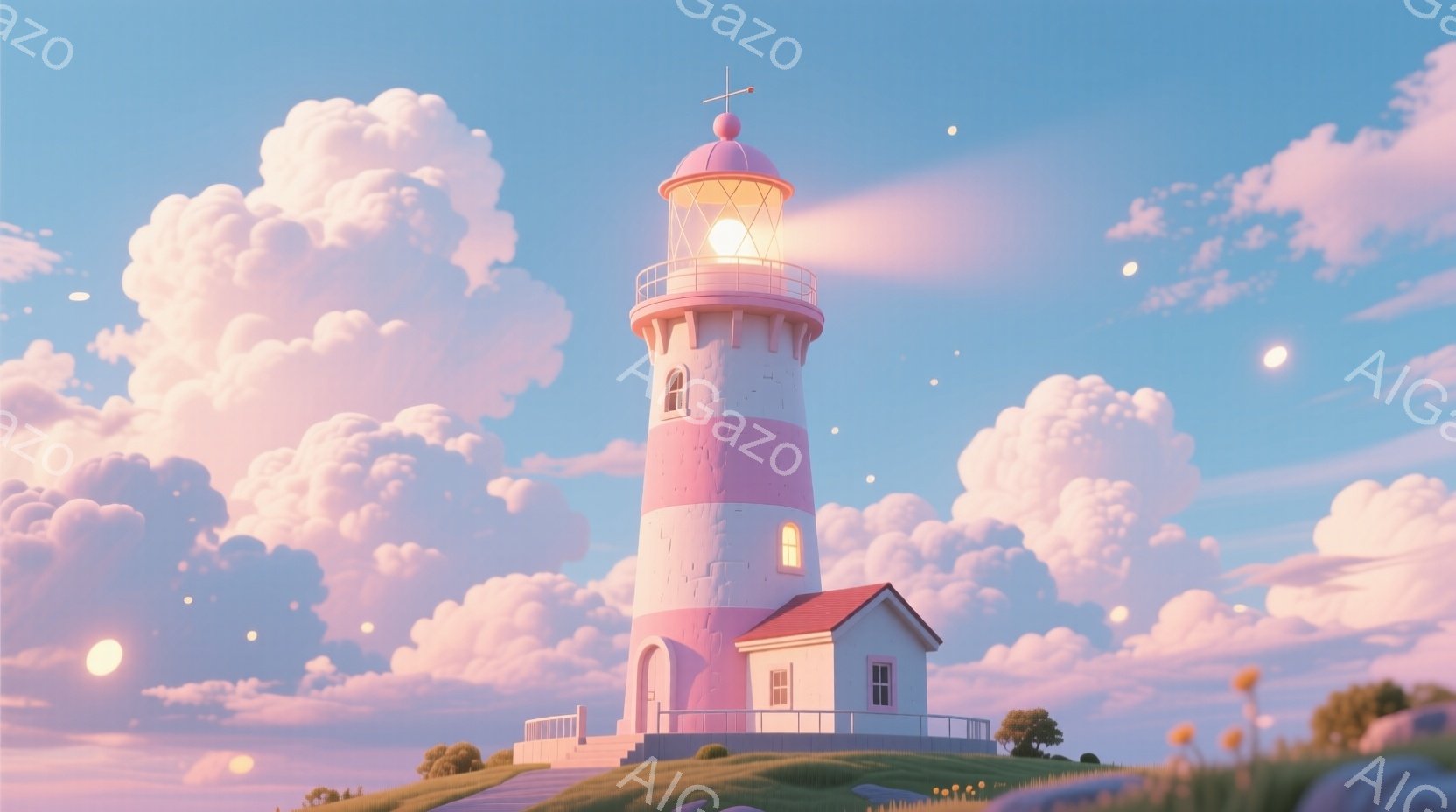 鮮やかなピンクと白のストライプが特徴的な灯台が、緑の丘の上に堂々と建っています。柔らかなピンク色の雲が空に広がり、暖かく夢のような雰囲気を醸し出しています。灯台の脇には小さな可愛らしい家があり、全体的に穏やかで平和な光景です。