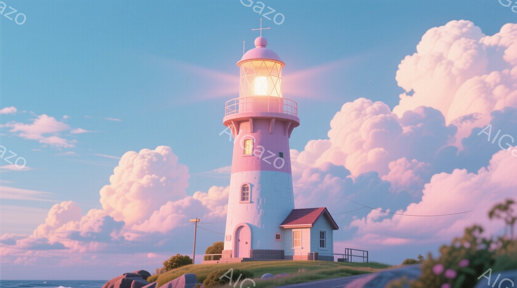 穏やかな夕焼け空の下、ピンクと白のストライプが特徴的な灯台が描かれている。灯台は緑の丘の上に建てられ、周囲には花が咲き乱れ、波が穏やかに打ち寄せている。ふっくらとした雲が空を覆い、全体的に夢幻的で温かい雰囲気を醸し出している。