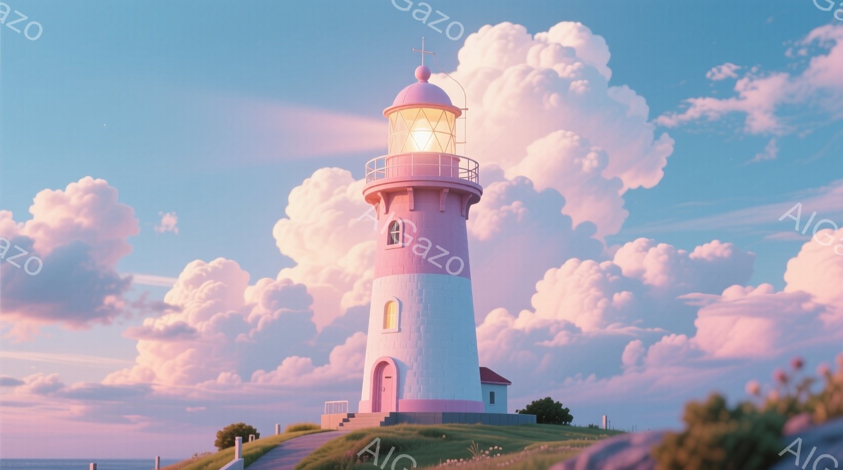 ピンクと白のストライプが印象的な灯台が、緑の丘の上に建っている。空にはふわふわとしたピンクと白の雲が広がり、穏やかで夢幻的な雰囲気を醸し出している。丘の斜面には緑の草が生い茂り、海が遠くに見える。 - AI生成フリー素材