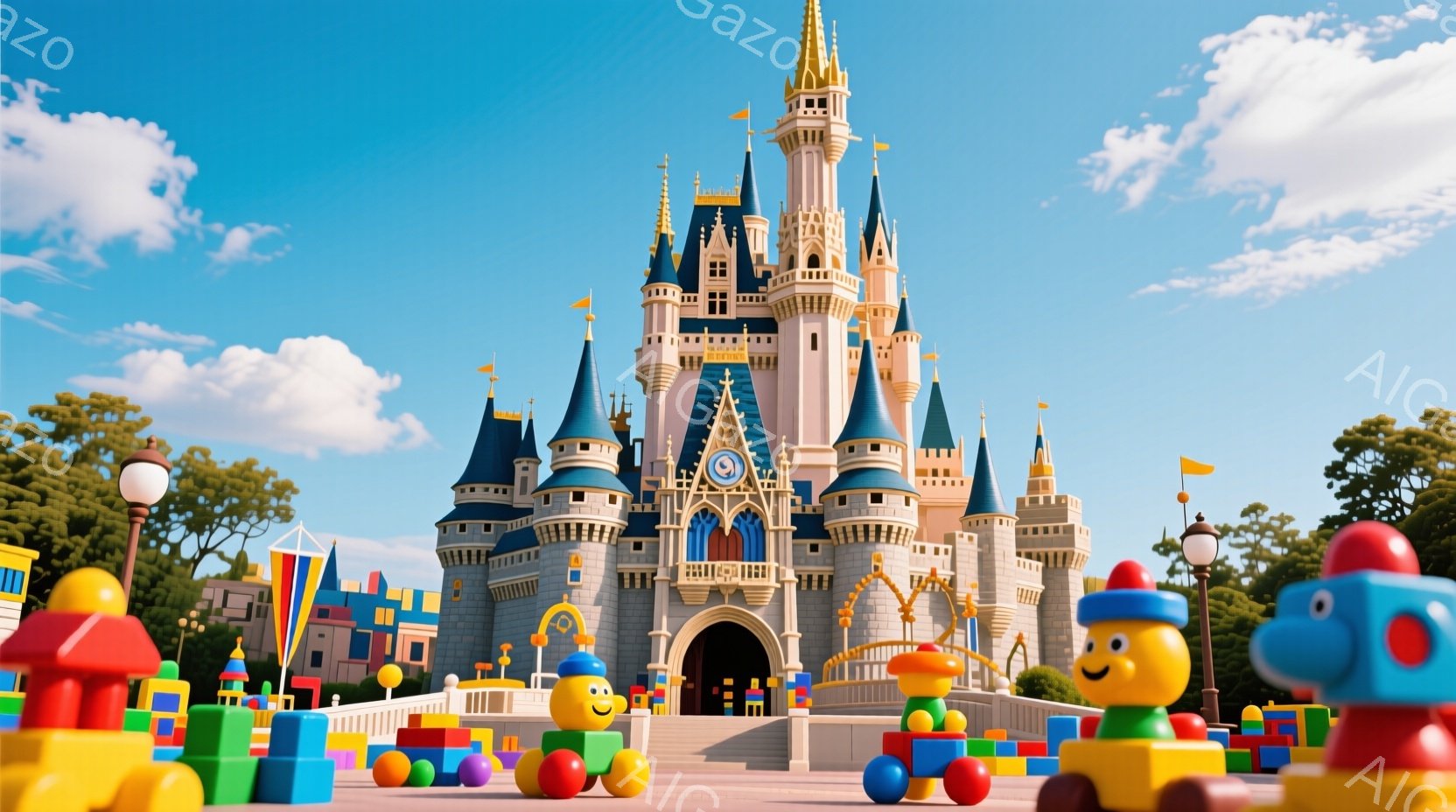 青い空の下、おもちゃのブロックで作られたカラフルな遊園地の風景が広がっています。中央には、おとぎ話に出てくるような美しいお城がそびえ立ち、その前には積み木で作られたキャラクターや動物たちが楽しげに並ん - AI生成フリー素材