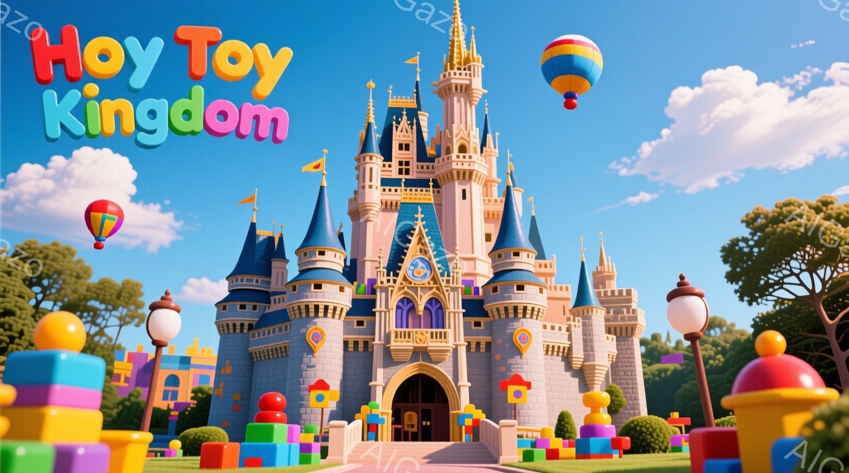 明るい青空の下、おもちゃのようなカラフルな城が建っています。城はピンクと青を基調とし、積み木のような装飾が施されており、まるで子供の夢のような世界です。背景には緑の芝生とカラフルな積み木、そして遠くに - AI生成フリー素材