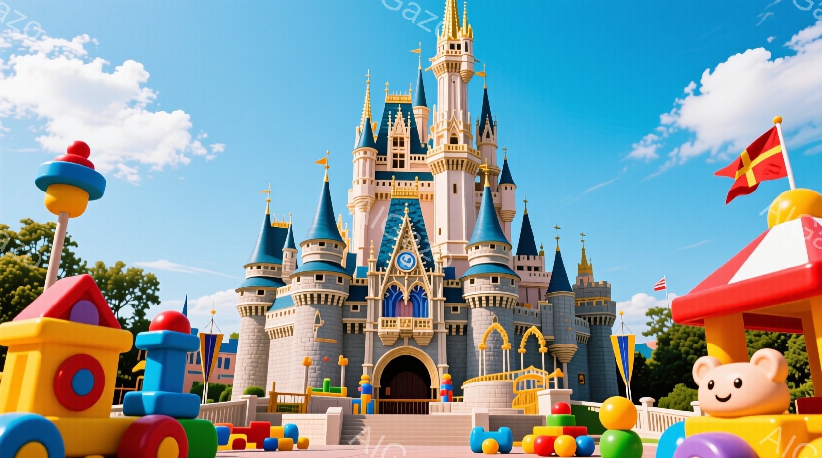 青い空を背景に、ディズニーランドのシンデレラ城がそびえ立っています。城の周りには、カラフルな積み木や遊具が配置され、まるで子供のおもちゃの世界のようです。晴天の下、明るく楽しい雰囲気で、子供たちの夢と希望が詰まったイメージです。