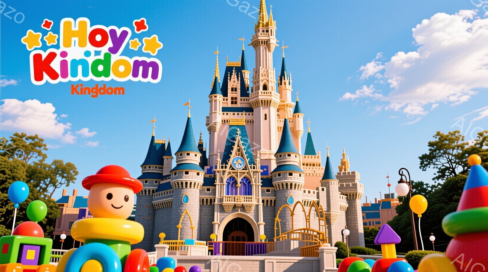 青空の下、おとぎ話に出てくるようなお城がそびえ立っています。お城は白と水色を基調とし、尖塔には金色の装飾が施され、まるで絵本の世界です。お城の周りにはカラフルな積み木やバルーンが散りばめられ、遊園地の - AI生成フリー素材