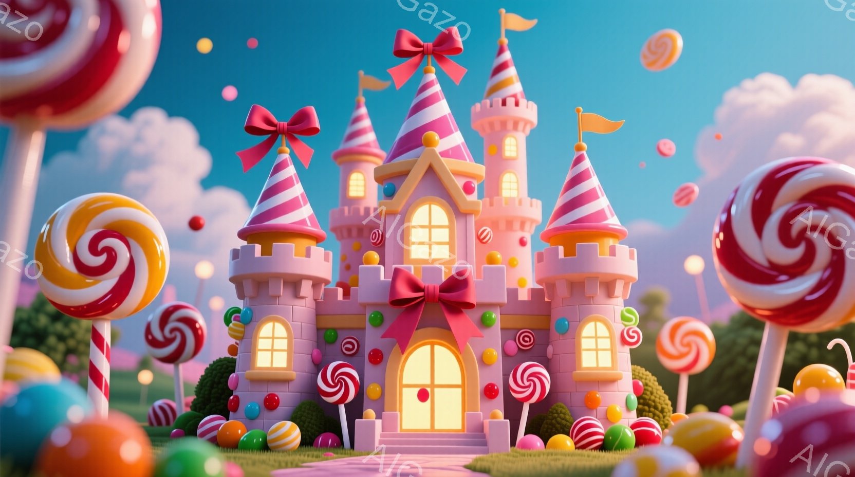 キャンディーをモチーフにしたお城が、緑の芝生の上に建っています。ピンクと白のストライプの塔には大きなリボンが飾られ、窓にはキャンディーの模様が描かれています。背景には色とりどりのキャンディーが浮かび、 - AI生成フリー素材