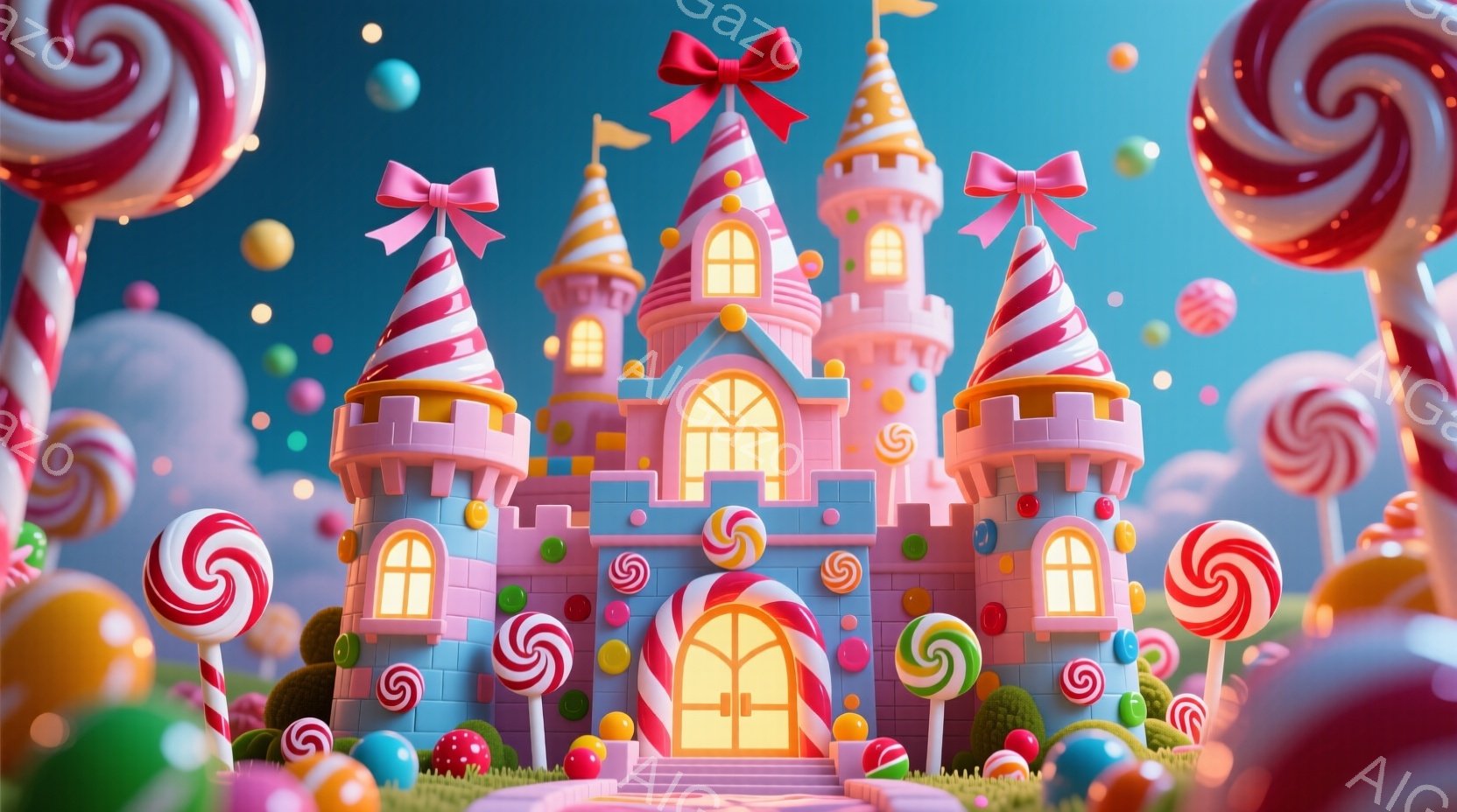 鮮やかなピンク色のキャンディ城が、カラフルな棒付きキャンディに囲まれて浮かび上がっています。城には渦巻き模様の塔があり、屋根にはリボンが飾られ、まるで夢のようなお菓子の国です。背景にはふわふわの雲が広 - AI生成フリー素材