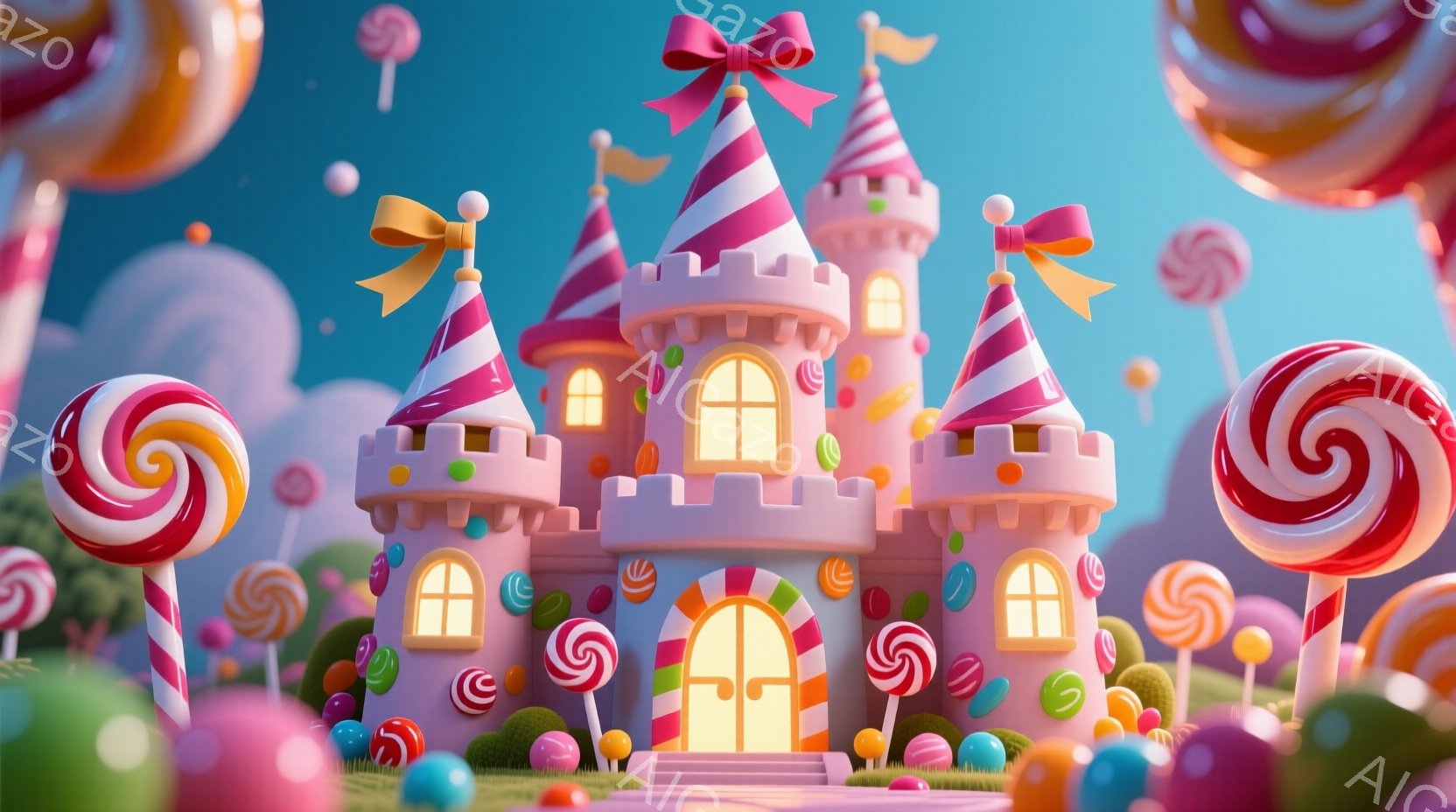 鮮やかなピンク色の可愛いお城が、キャンディで飾られた牧歌的な風景の中に建っています。お城の屋根にはカラフルなストライプが施され、キャンディの旗が風になびいています。背景には、巨大なキャンディや丸い形の - AI生成フリー素材
