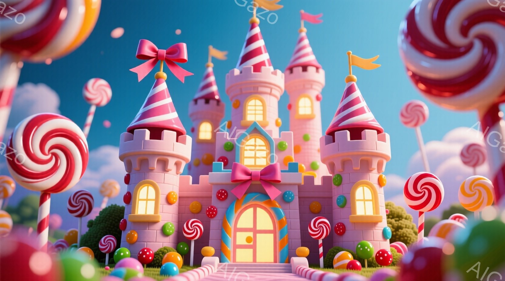 ピンク色の可愛らしいお城が、キャンディーやロリポップに囲まれて浮かび上がっています。お城はパステルカラーで装飾され、まるで夢のようなお菓子王国を思わせます。背景にはふわふわの雲が広がり、明るく楽しい雰囲気が漂っています。