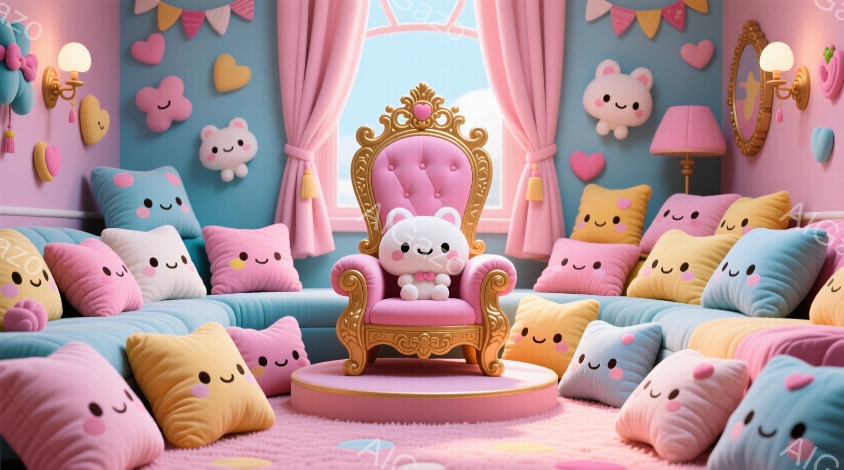 鮮やかなピンクと水色のソファが並び、丸い可愛らしいクッションが至る所に置かれています。中央には金色の装飾が施されたピンクの玉座があり、小さな白い子犬がピンクのドレスを着て座っています。背景には、ハート - AI生成フリー素材
