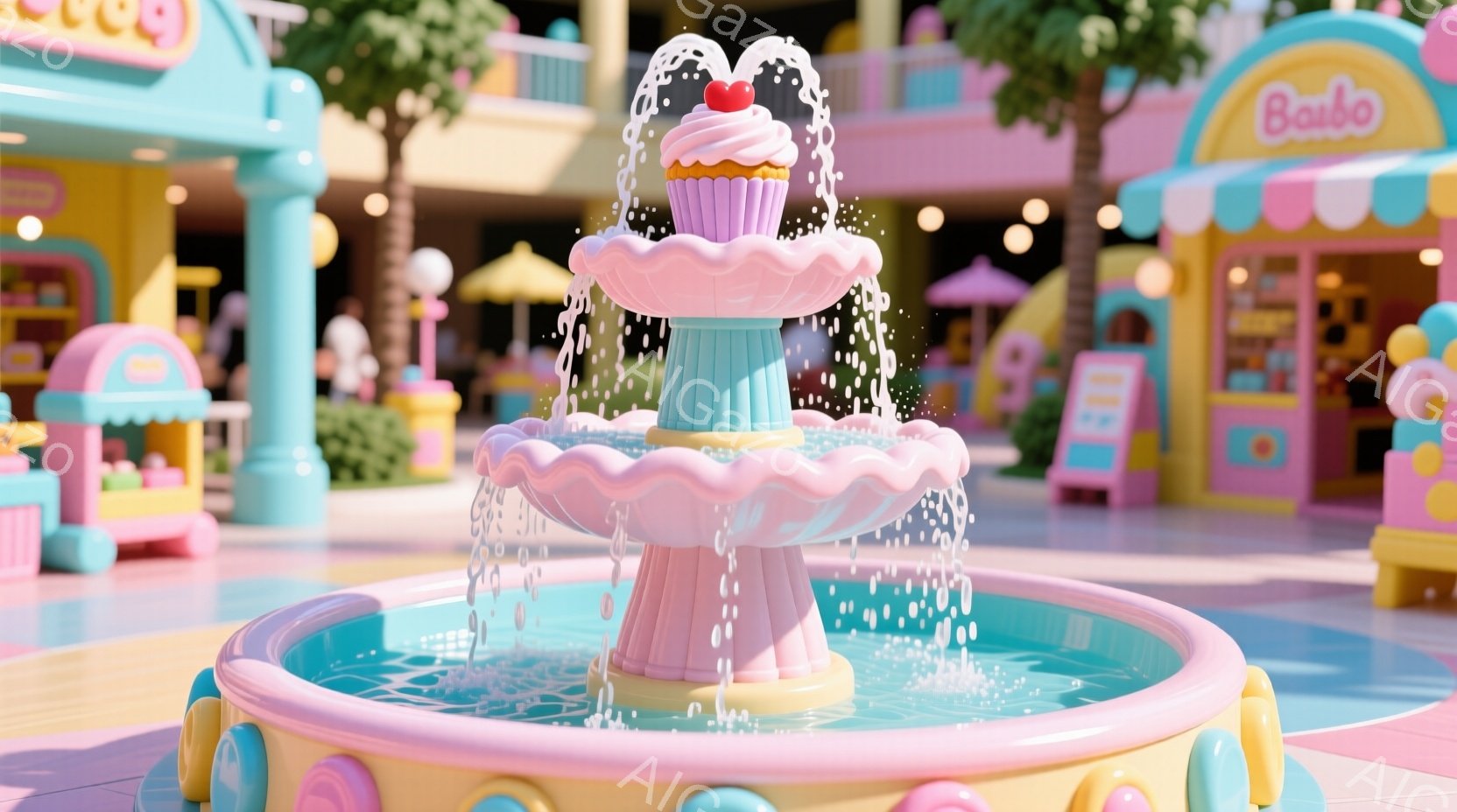 明るいピンクと水色のファンタジーのような噴水が中心に描かれています。背景には、おもちゃのようなカラフルな建物やヤシの木があり、まるで遊園地のような雰囲気です。全体的にパステルカラーで統一されており、可 - AI生成フリー素材