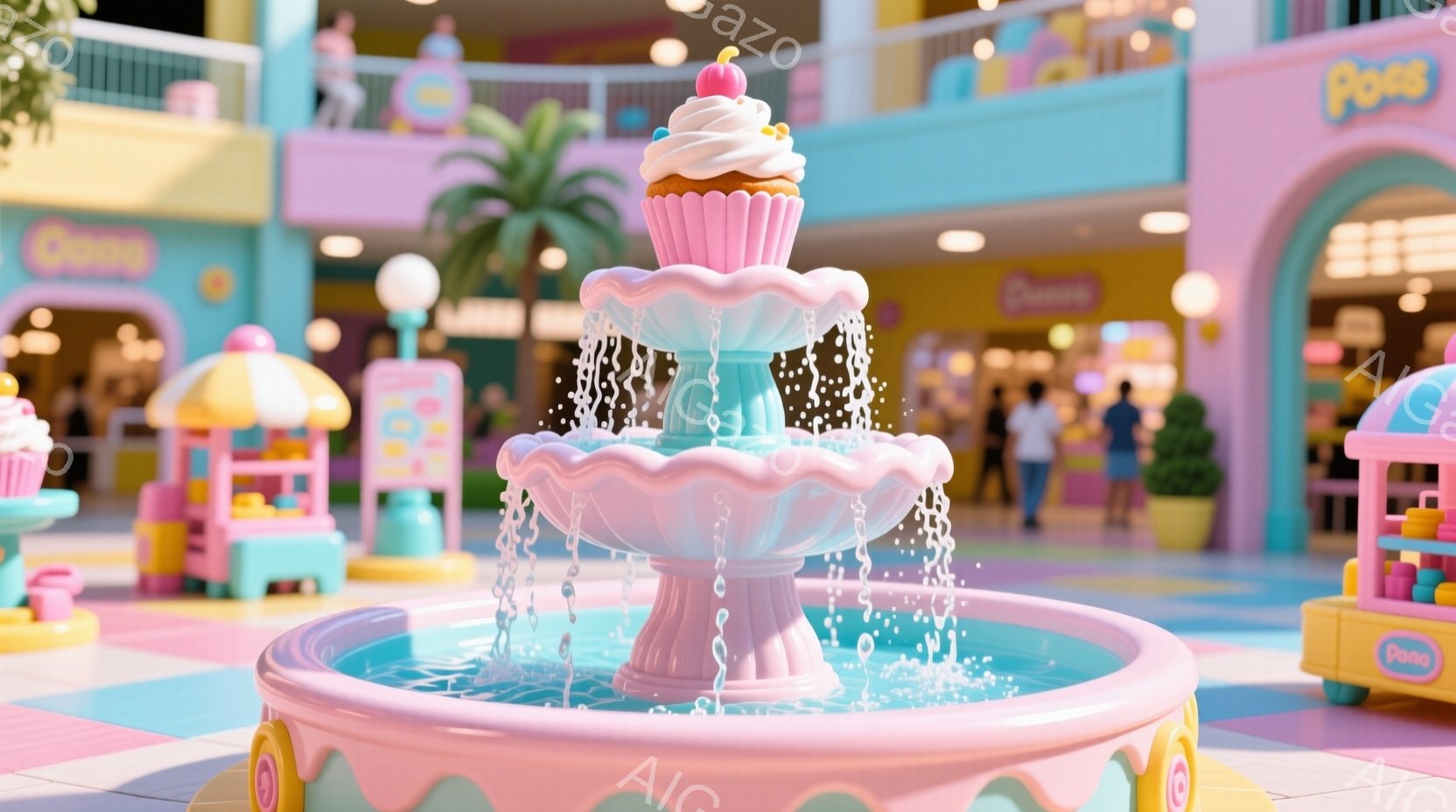 ピンクと水色のカラフルな噴水が中央に位置し、まるでキャンディのような世界観を醸し出しています。背景にはパステルカラーの建物が並び、子供向けの遊園地やテーマパークのような雰囲気が漂っています。全体的に明るく、お祭りや夢のような楽しさを感じさせるイラストレーションです。