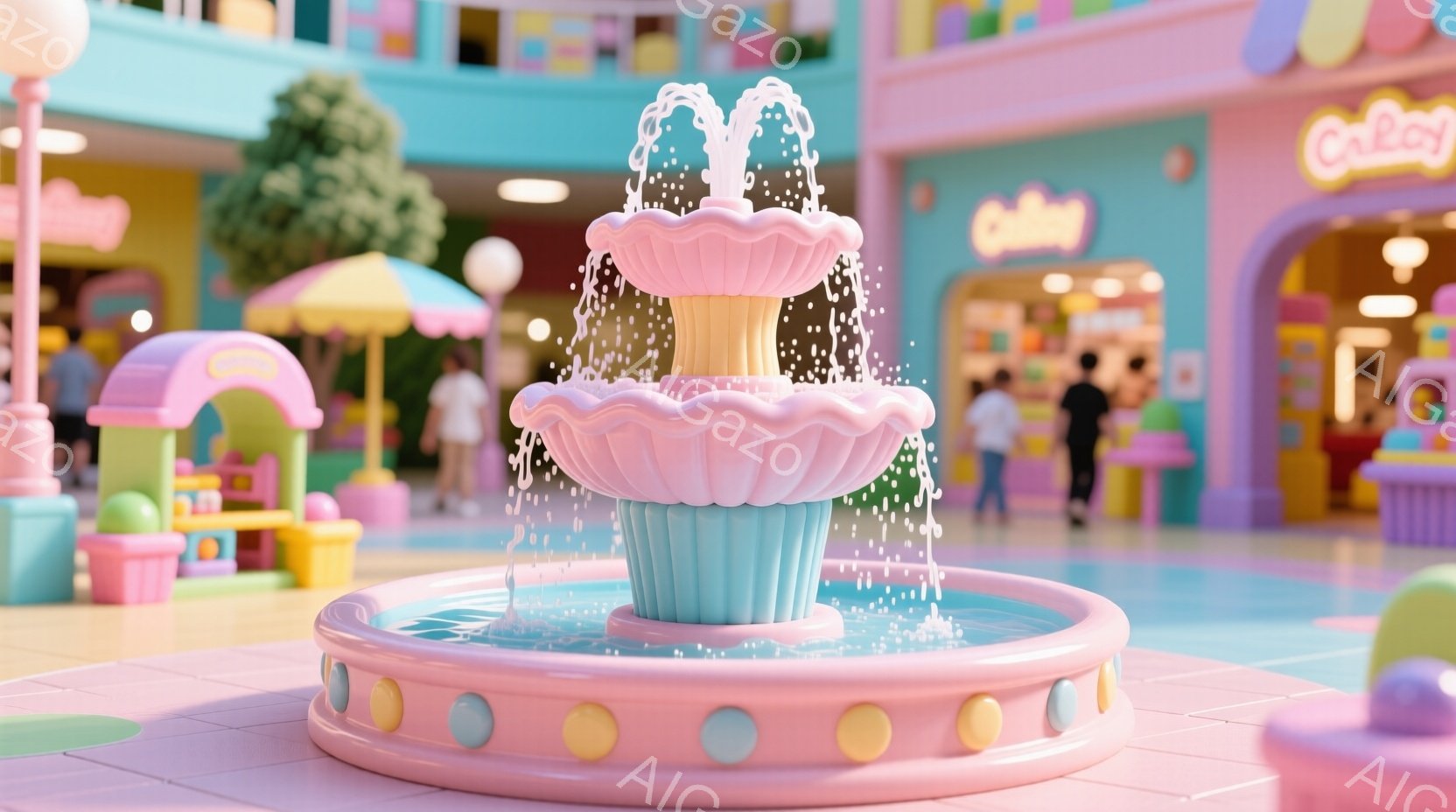 明るいパステルカラーの世界で、かわいらしい噴水が中央にあります。噴水はピンクと水色のストライプで、水が勢いよく噴き上がっています。背景には、おもちゃのようなカラフルな建物や植物が見え、全体的に夢のよう - AI生成フリー素材